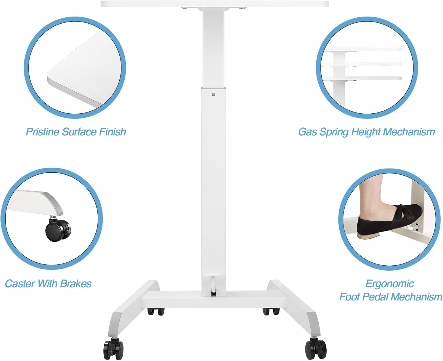 AVLT 44" Height Adjustable Foot Pedal Mobile Workstation (3 ft 8 inches) - Pneumatic Laptop Standing Desk Cart - Mobile Laptop Cart - White Computer Projector Cart with Brake Casters : Industrial & Scientific