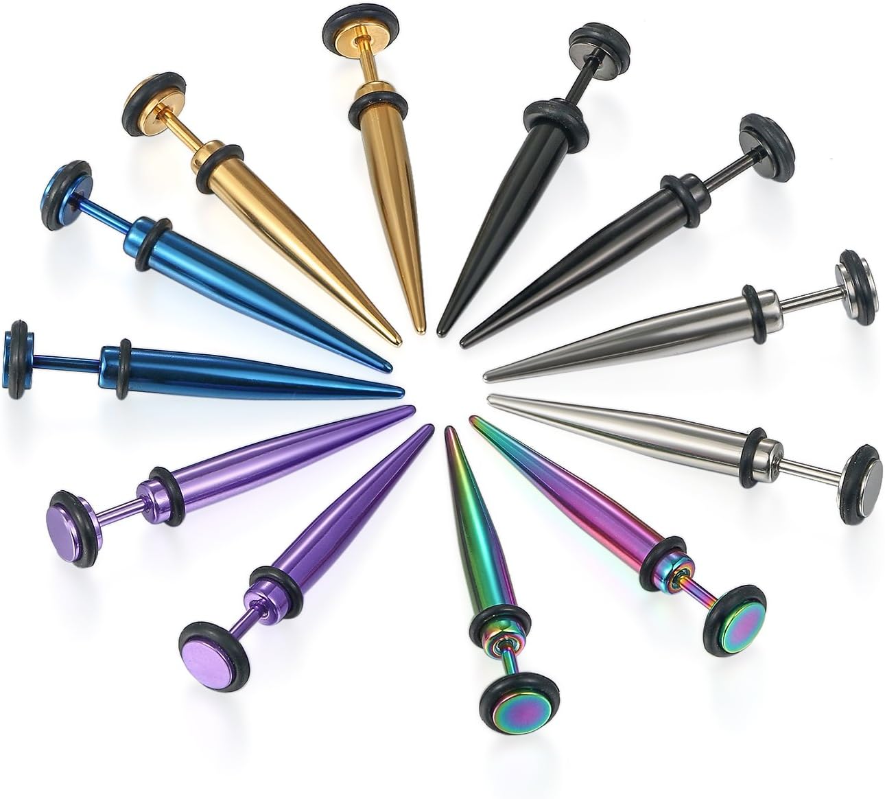 Flongo Men's Womens 6 Pairs Stainless Steel 5mm Taper Stud Fake Cheater Illusion Ear Plug Spike Faux Earrings