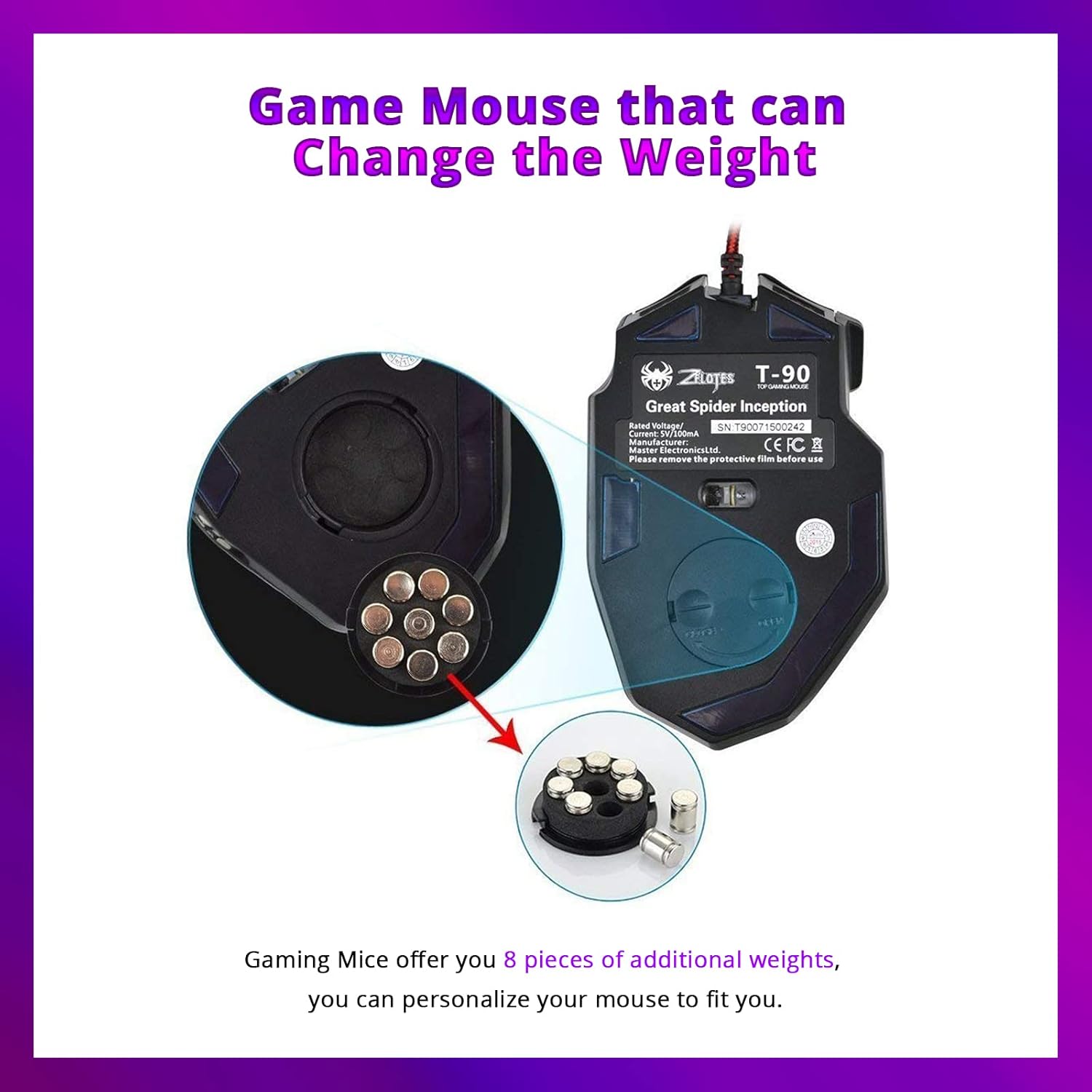 T90 Wired Gaming Mouse. Zelotes 8 Programmable Buttons, Chroma RGB Backlit, Adjustable Weights, 7 Backlight Modes up to 9200 DPI for Laptop/Windows/Mac Gamer (Black)