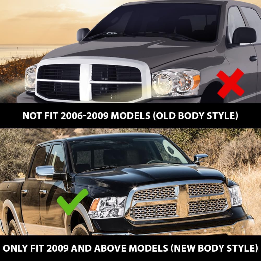 PIT66 Headlight Assembly Compatible with 2009-2012 Dodge Ram 1500 2500 3500 (Only for Quad Models) Clear Lens Chrome Housing Amber Reflector Headlamps(Not Fit Dual Beam, Not Fit One Hole)