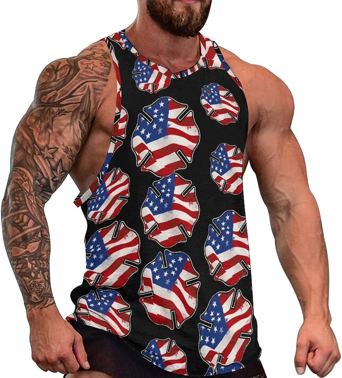 Firefighter with U.S. Flag Men's Tank Tops Sleeveless Muscle Shirts for Men Lightweight Vest Crew Neck T-Shirts