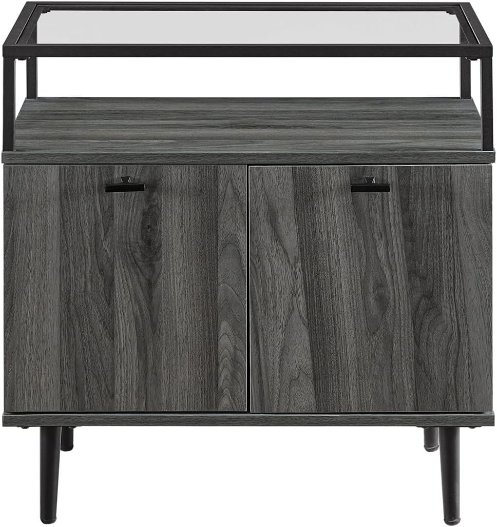 Walker Edison Modern Glass and Wood End Side Table Living Room Storage Small End Table, 2 Drawer, Slate Grey