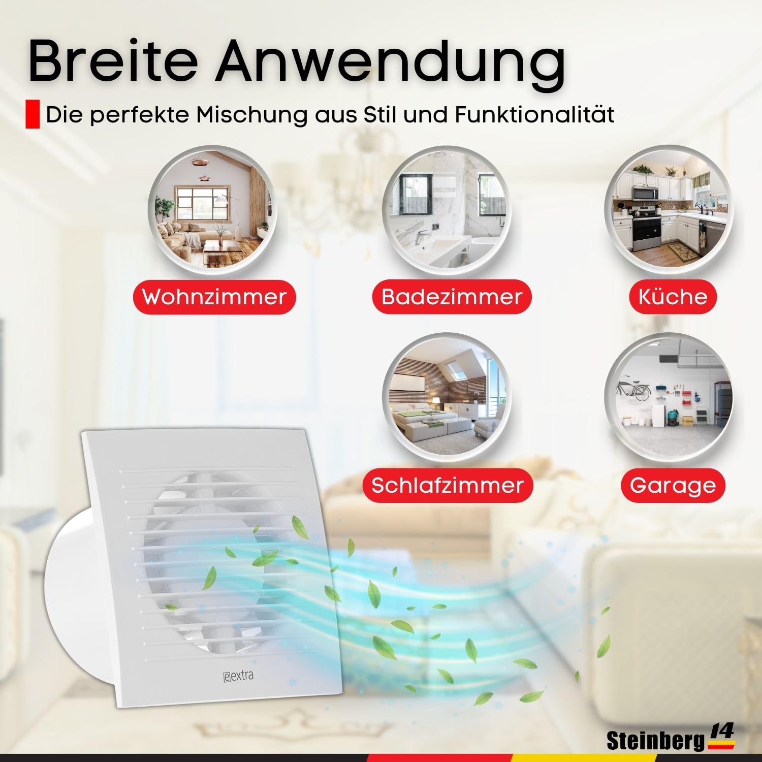 Steinberg14 Badlüfter Ø 100mm mit Feuchtigkeitssensor und Zeitnachlauf (Timer) - Weiß Ventilator