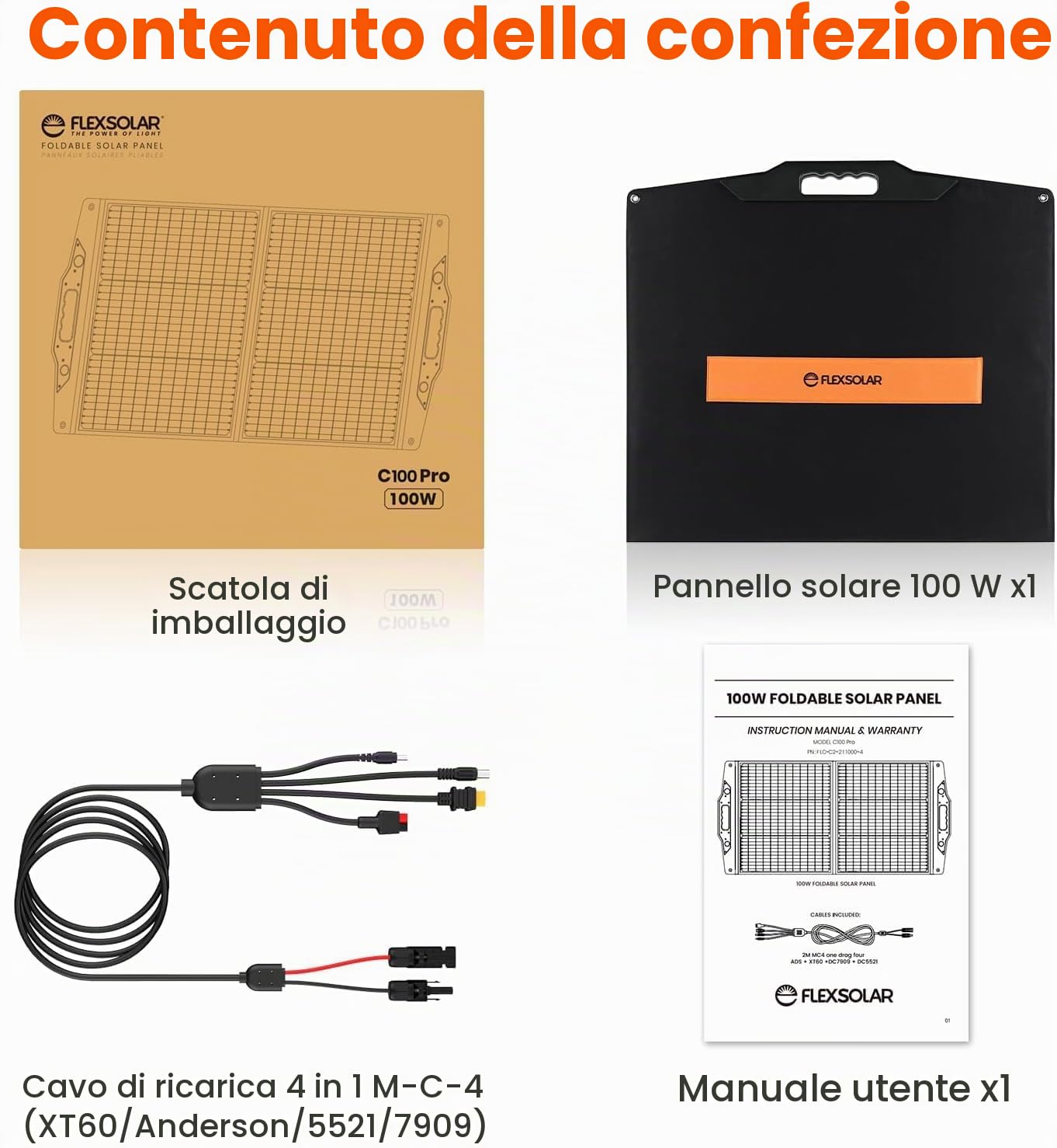 FlexSolar Pannello Solare Portatile Pieghevole 100W,Caricabatterie Solare | Porta USB-A/C/DC7909/5521/XT60/AndersonMonocristallino per Power Station, Laptop, Camper e Campeggio