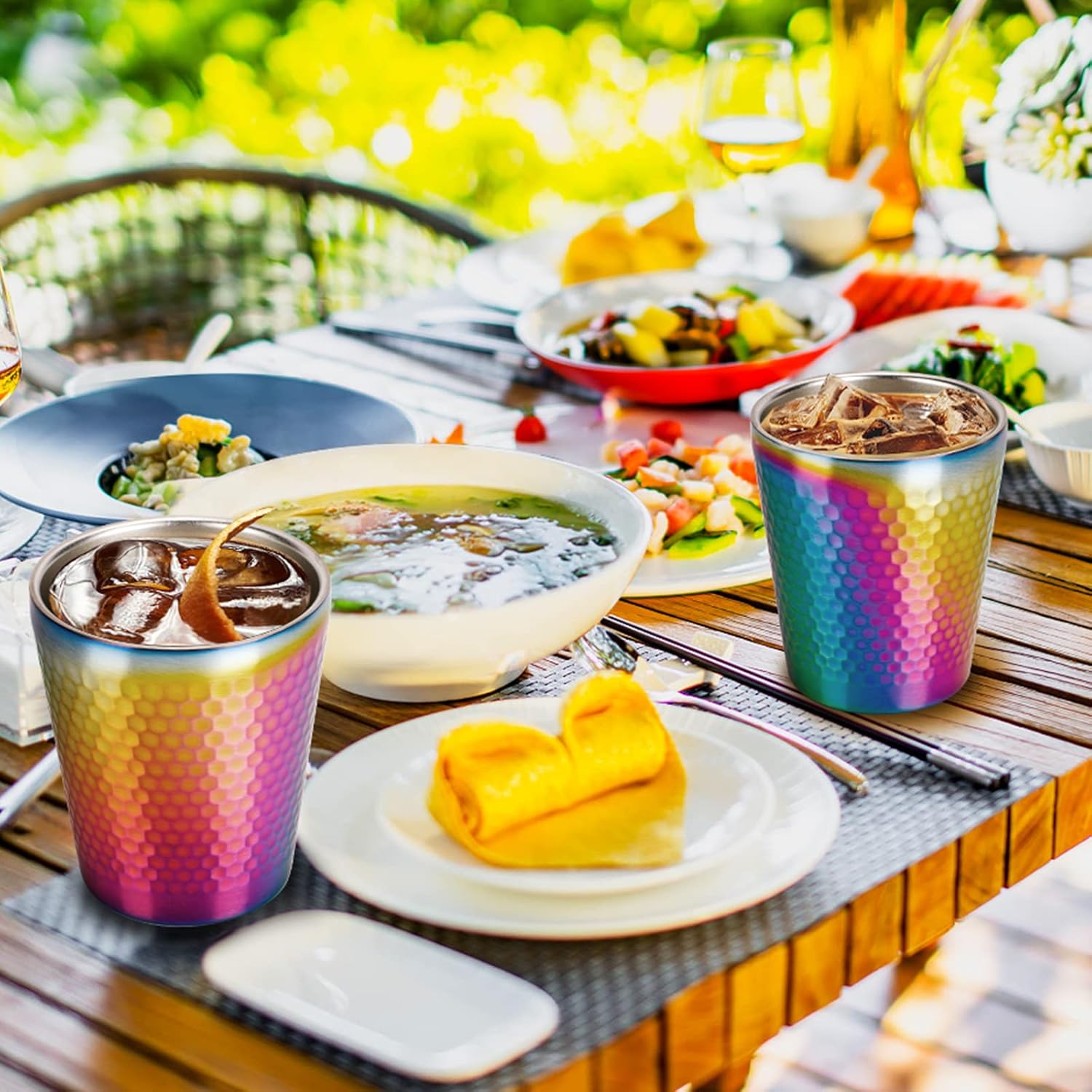 Stainless Steel Cups 2 Packs 10oz/300ml Stackable Double Wall Insulated Metal Shatterproof Cups Titanium-Plated Diamond Textured Surface Heat Resistant Dishwasher Safe (Rainbow) - Image 7