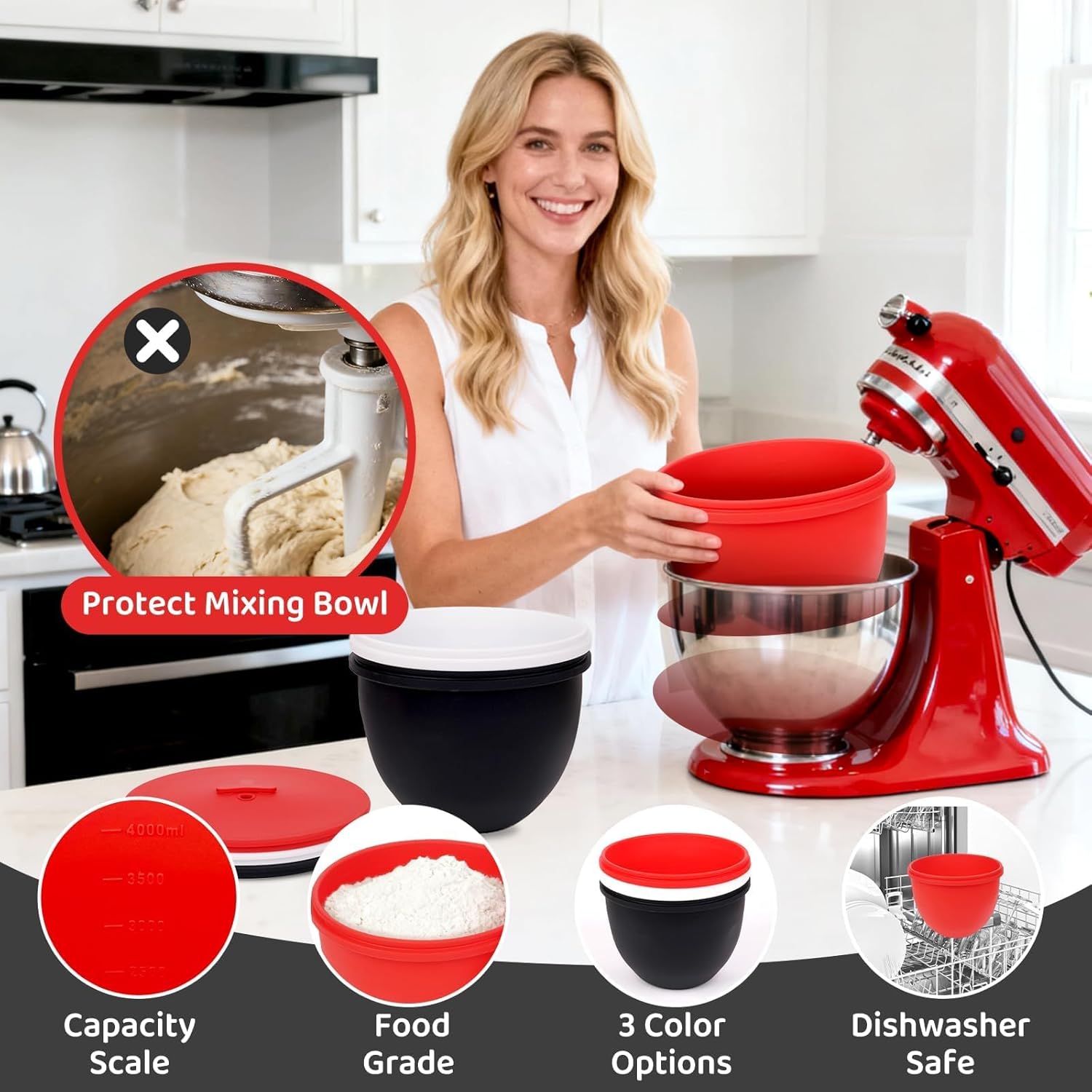 Silicone Liners for KitchenAid Tilt-Head 5 Qt Mixers, Mixer Bowl Accessories & Attachments for Baking and Cooking 3 Liners & 3 Lids, Dishwasher Safe (3, 5 QT)