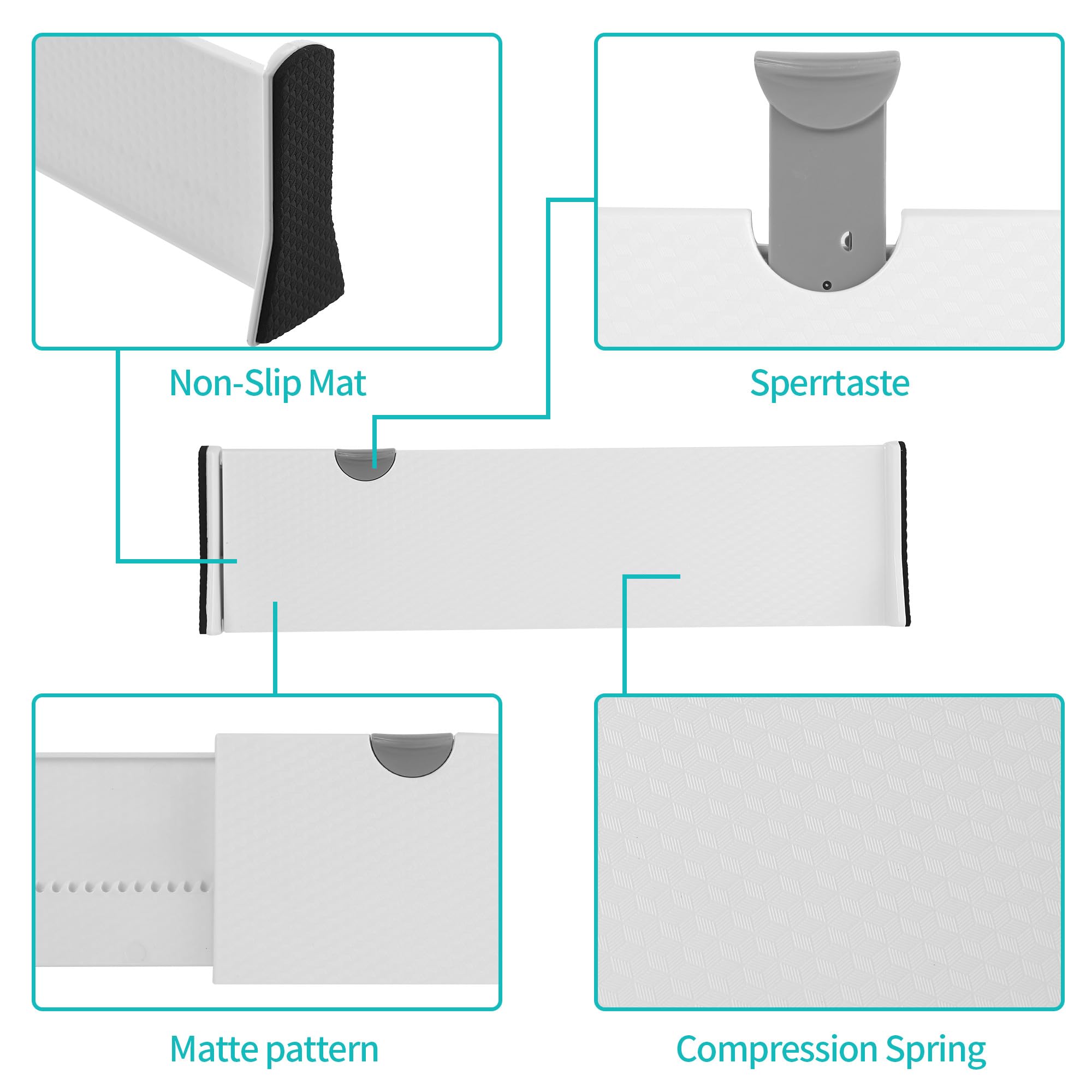 Divisori per cassetti regolabili in plastica, confezione da 4,Separatori Per Cassetti lunghezza regolabile 37,5-54 cm, altezza 10 cm, 6 divisori, Divisori Cassetti adatti per spogliatoi,ecc. (bianco)