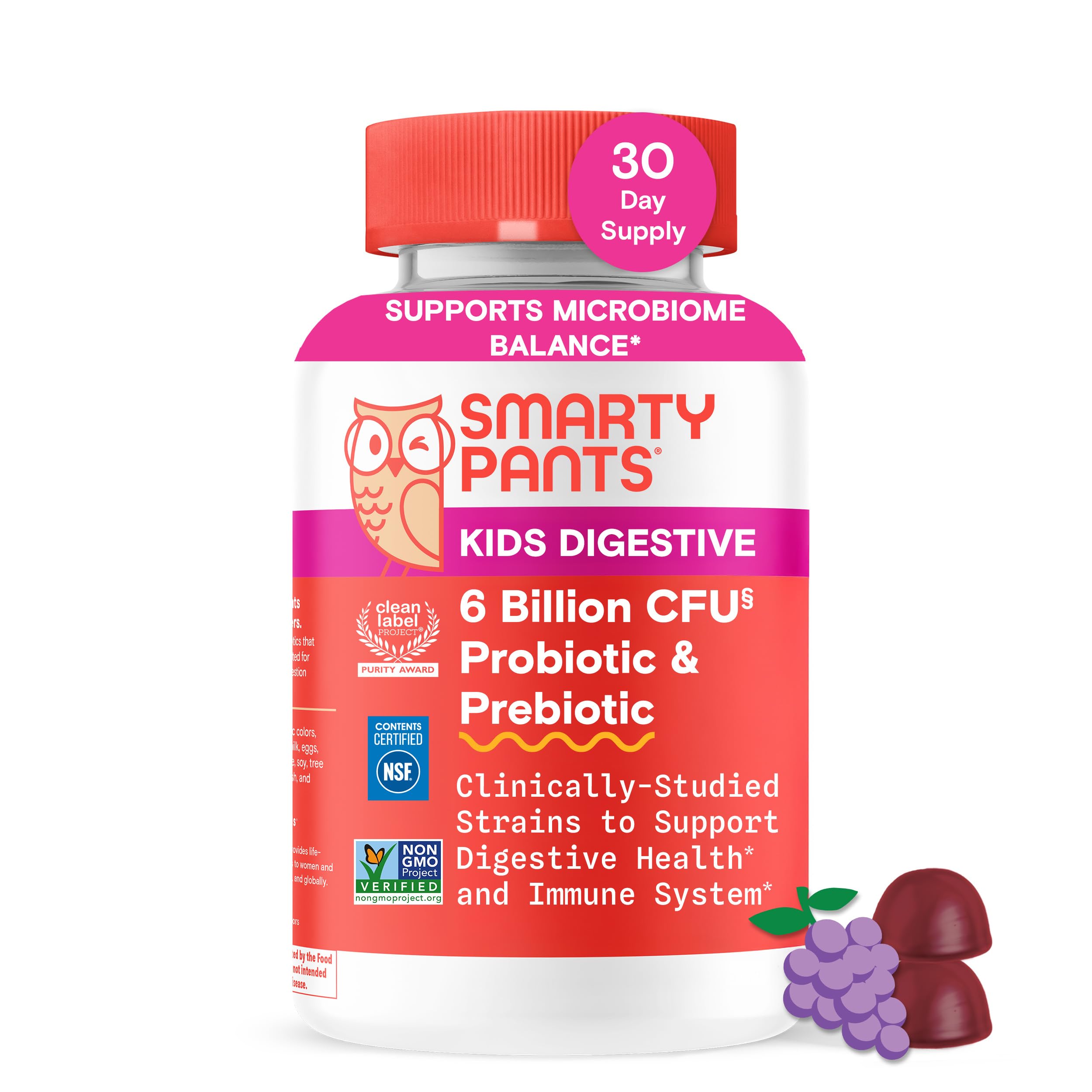 SmartyPants Kids Probiotic & Prebiotic Gummies for Digestive Health: Gut Health Supplement, Clinically Studied Prebiotic for Immune Support, Grape, 60 Count (30 Day Supply)