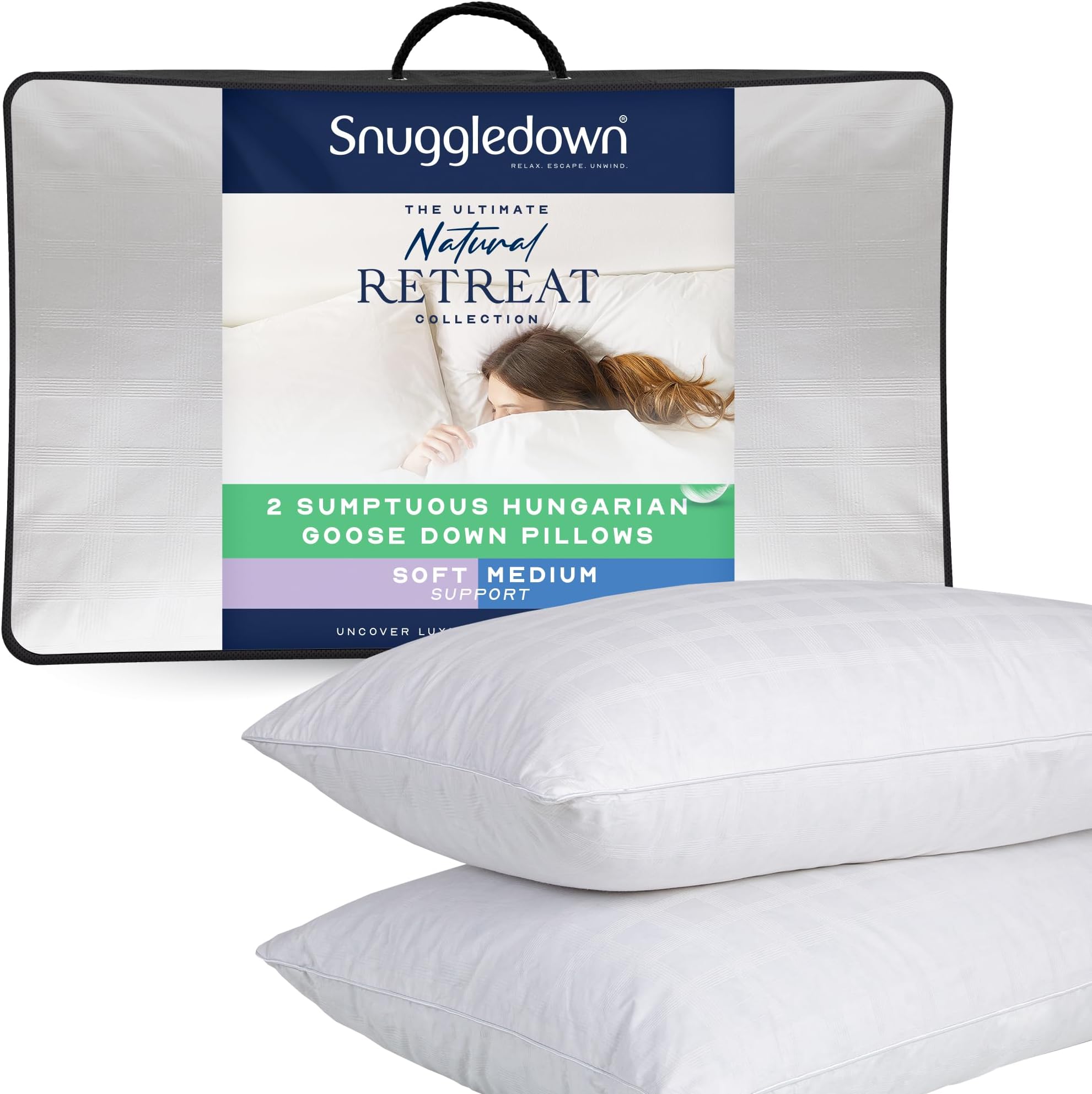 Snuggledown Hungarian Goose Down Pillows 2 Pack - 80:20 Ethically Sourced Fill for Front & Back Sleepers | Jacquard Cotton Cover, UK‑Made, Non-Allergenic & Washable (48 × 74 cm)