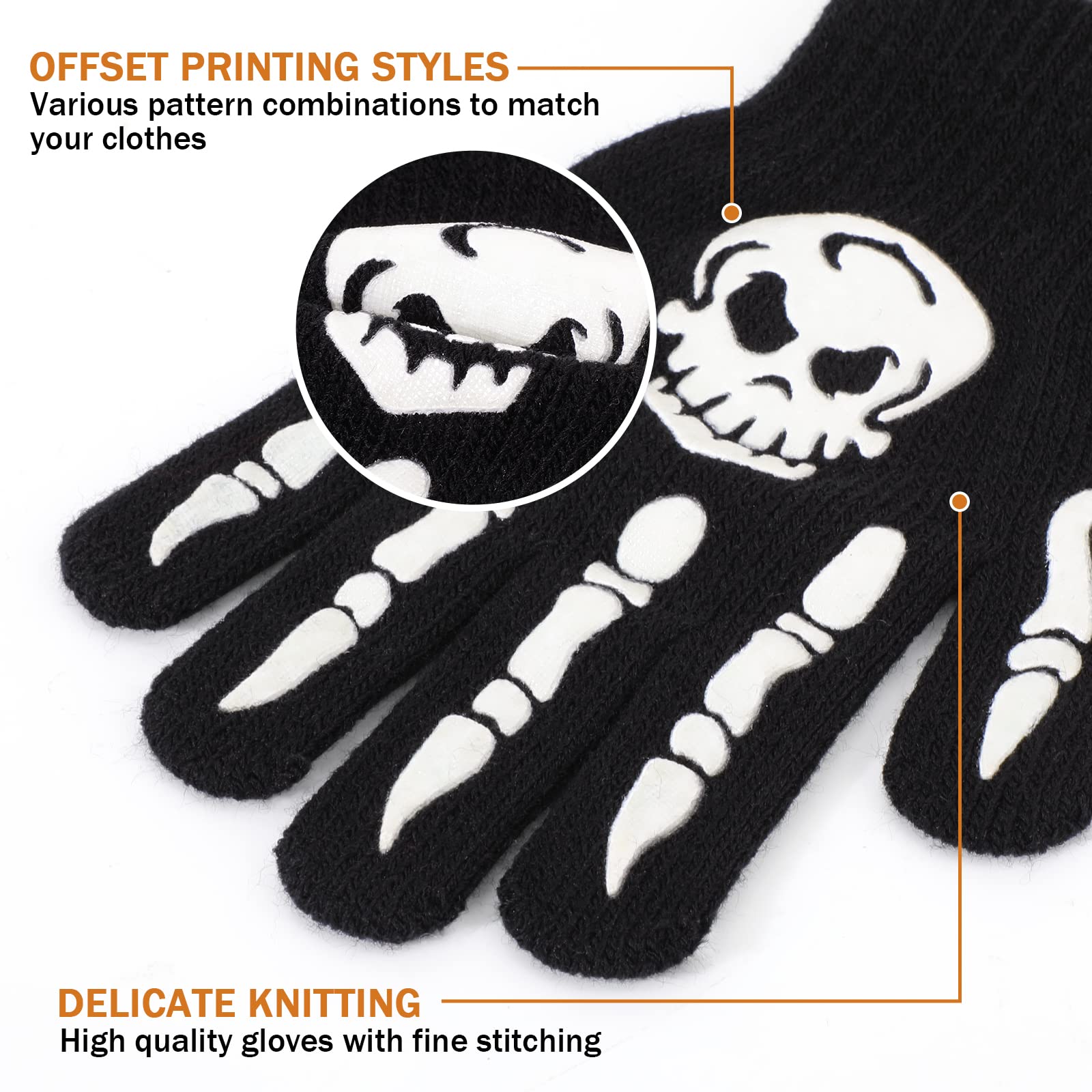 TAGVO Guantes Mágicos de Invierno para Niños 4 Pares, Guantes Calientes Esqueleto, Luminoso Manoplas de Dedo Completo Elásticas para Niños Niñas, 5-14 Años para Uso en Invierno Halloween