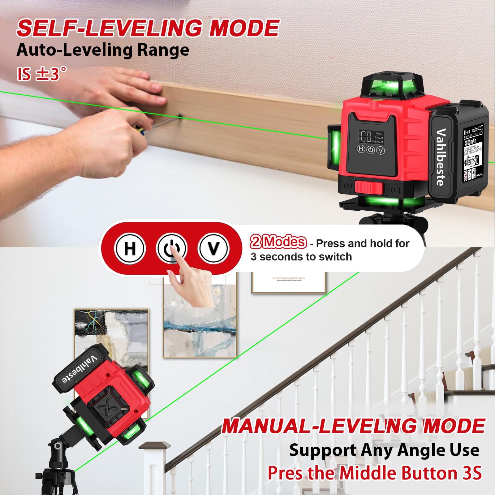 Livella Laser con Treppiede,Livella Laser Autolivellante 360 con 2x4800mAh Batterie & Indicatore LED, 4X 360 °Livello Laser,16 Linee Laser Verde/APP/Telecomando/IP54 Impermeabile,Antipolvere