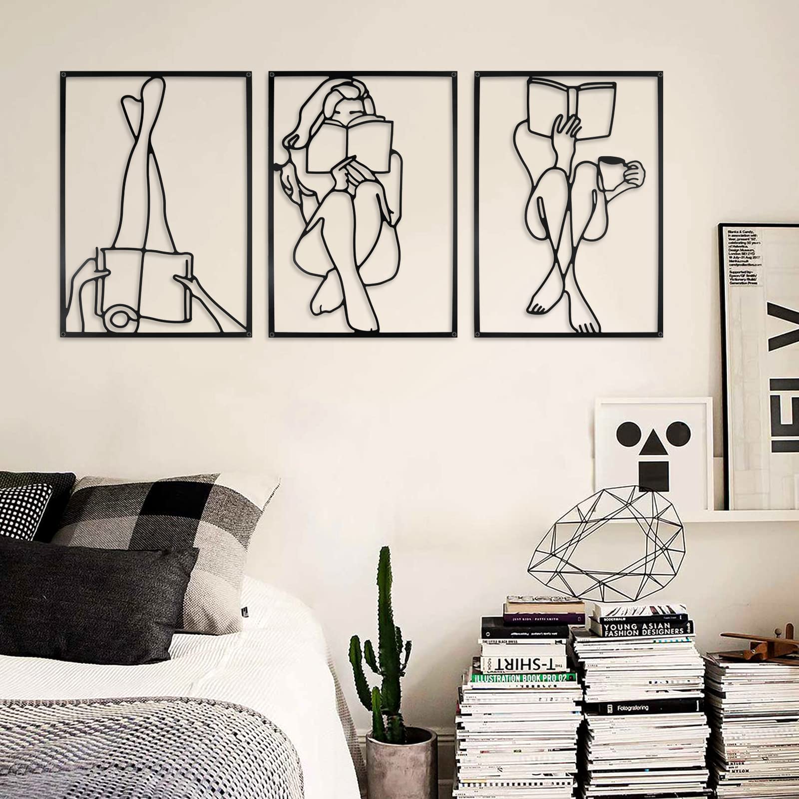 Metal Wall Decor Set of 3 - Modern Minimalist Abstract Woman Reading Book Shape One Line Art Aesthetic Room Decor - Book Lover Art for Bedroom Black Wall Decor