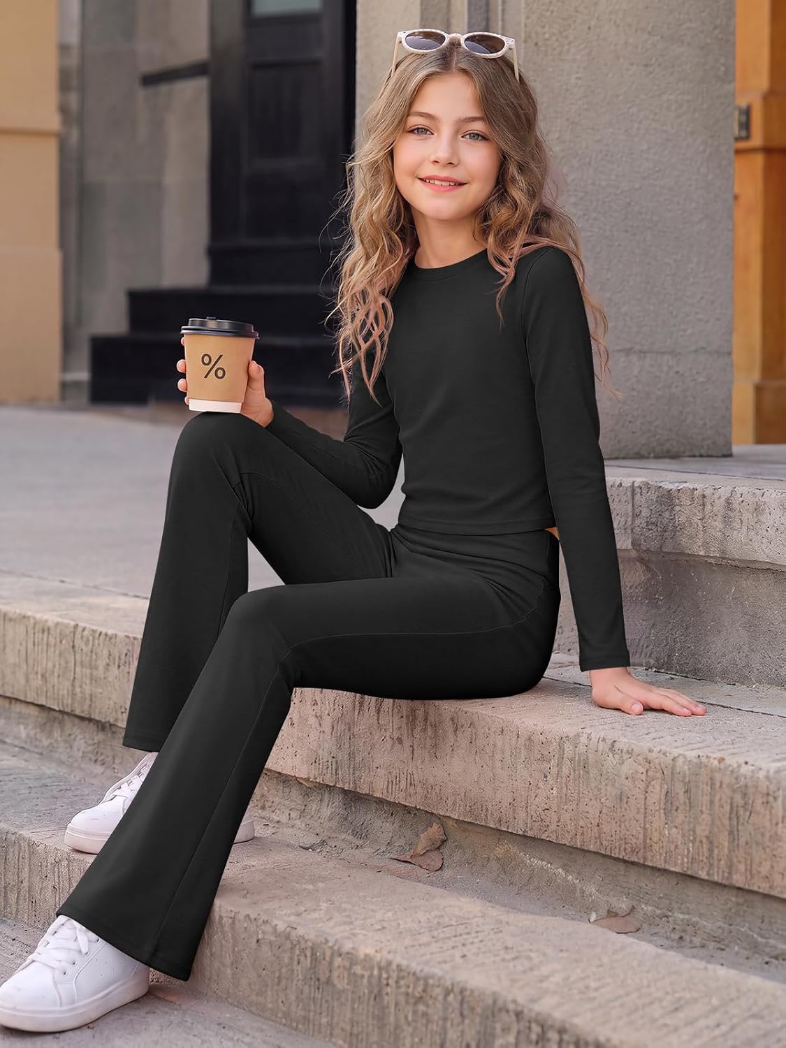 Haloumoning Girls 2 Piece Outfits Crop Tops and High Waist Flare Leggings