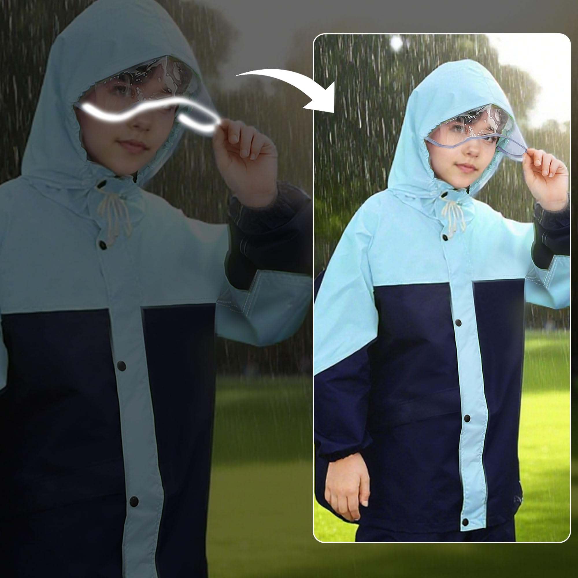 Chubasquero Impermeable Niño Niña Chaqueta Lluvia & Pantalones Traje con Capucha y Bolsa Portátil Impermeable Traje de Lluvia Conjunto Ligero Aire Libre Abrigos para Adolescente 8-14 años