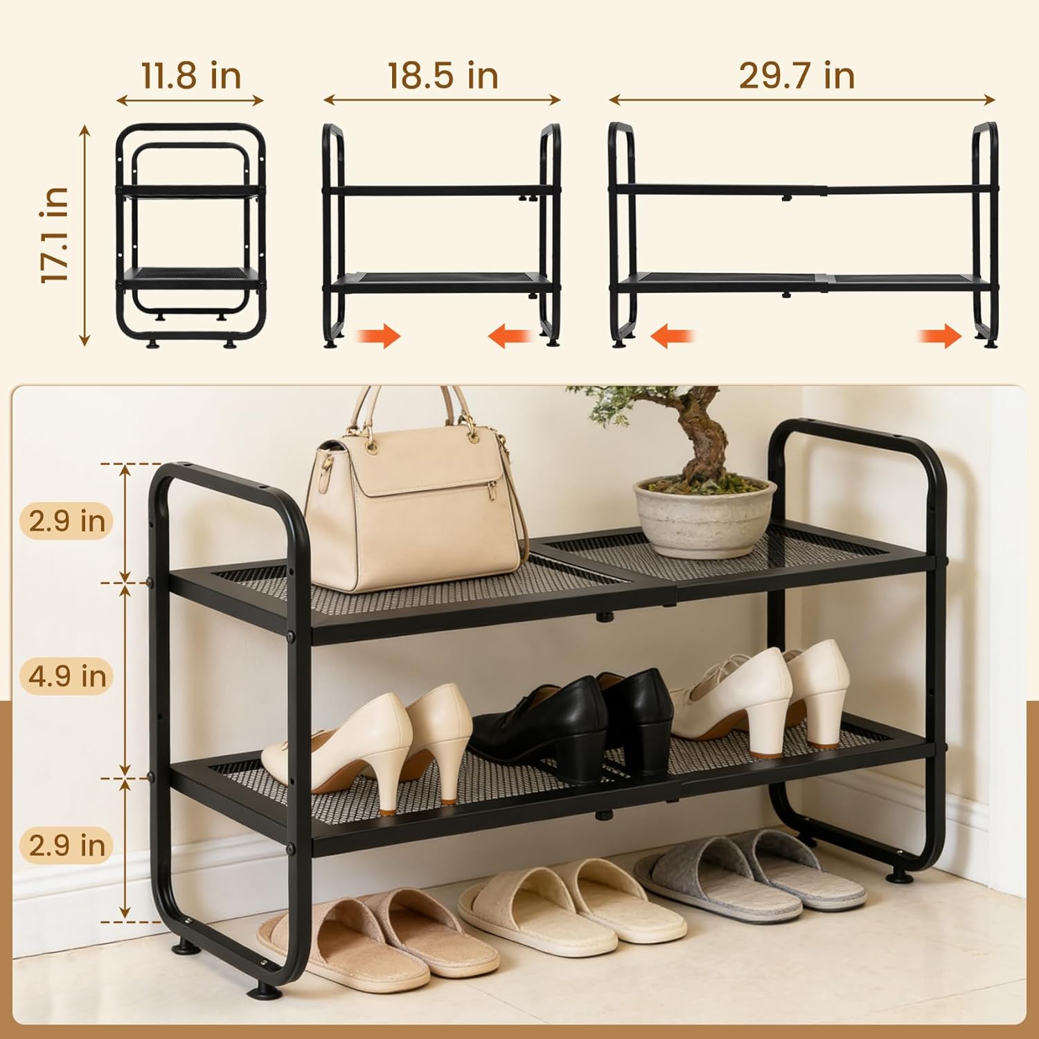 Expandable Shoe Rack - Shoe Stand Holder for Closet, Adjustable Shoe Shelf Storage, Stackable Long Shoe Stand Holder for Livingroom, Garage, Doorway（2-Tier）