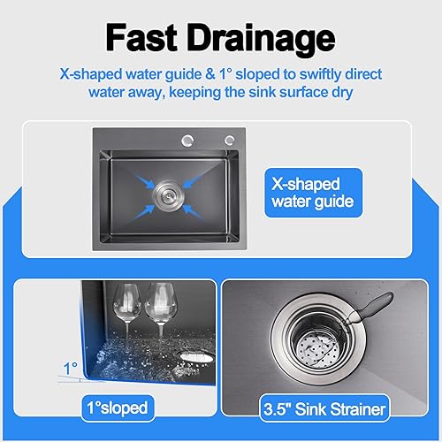 Miniatura 8 de OUGOO Fregadero de cocina de acero inoxidable negro con radio hermético de 25 x 18 pulgadas