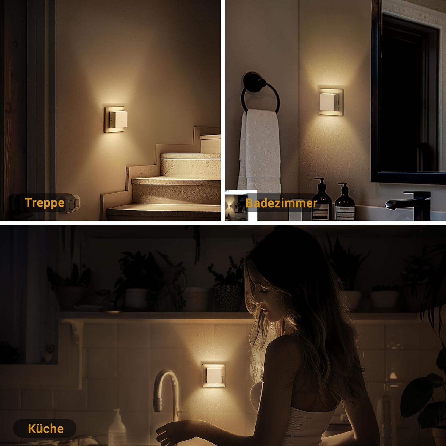 Emeritpro Presa notturna con sensore crepuscolare, luce notturna a LED, 3000 K, luce bianca calda, luminosità regolabile, per cameretta dei bambini, camera da letto, corridoio, scale, cucina, 4 pezzi
