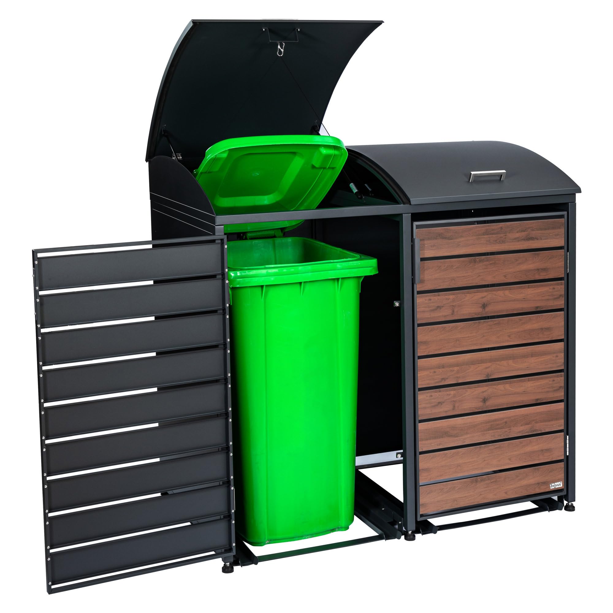 Zelsius Mülltonnenbox 3er für 3 Mülltonnen mit abgerundetem Deckel | 120-240 Liter | Walnuss, Anthrazit RAL7016 | Tür in Holzoptik mit Erweiterungsmöglichkeiten | Mülltonnenhäusschen