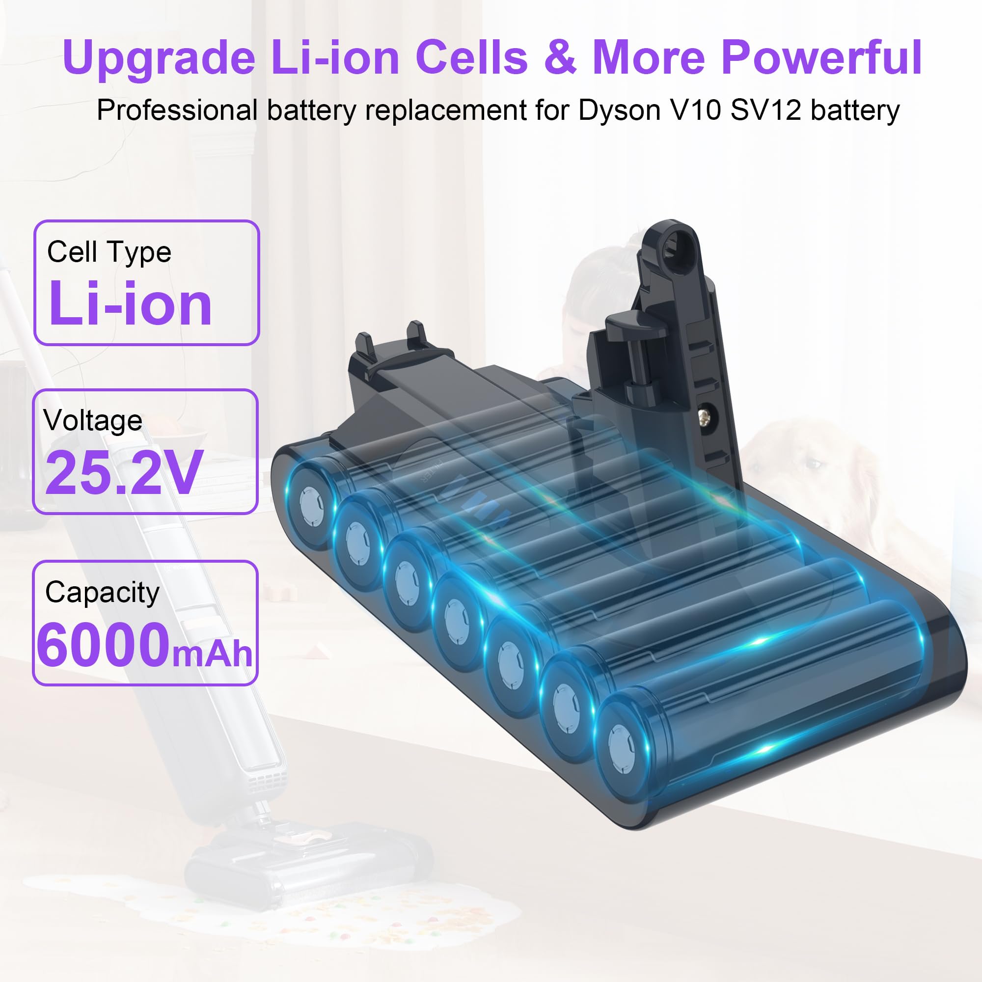 Replacement Battery For Dyson V10 Cordless Vacuum – 25.2V, 6000mAh, Compatible With V10 Animal/Absolute/Fluffy Models