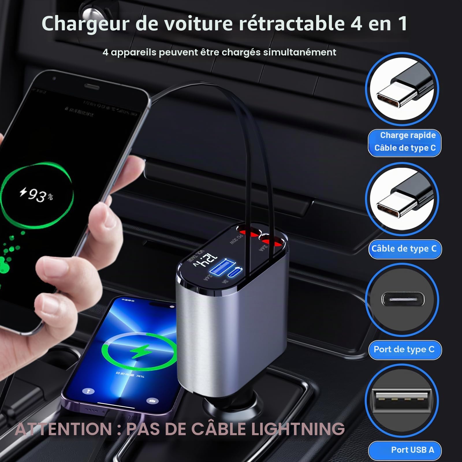Thlevel Rétractables Chargeur de Voiture USB C 60W 2 Câbles Voltmètre LED | Compatible avec iPhone Huawei pour 12V/24V Caravane Camping-Car Bateau