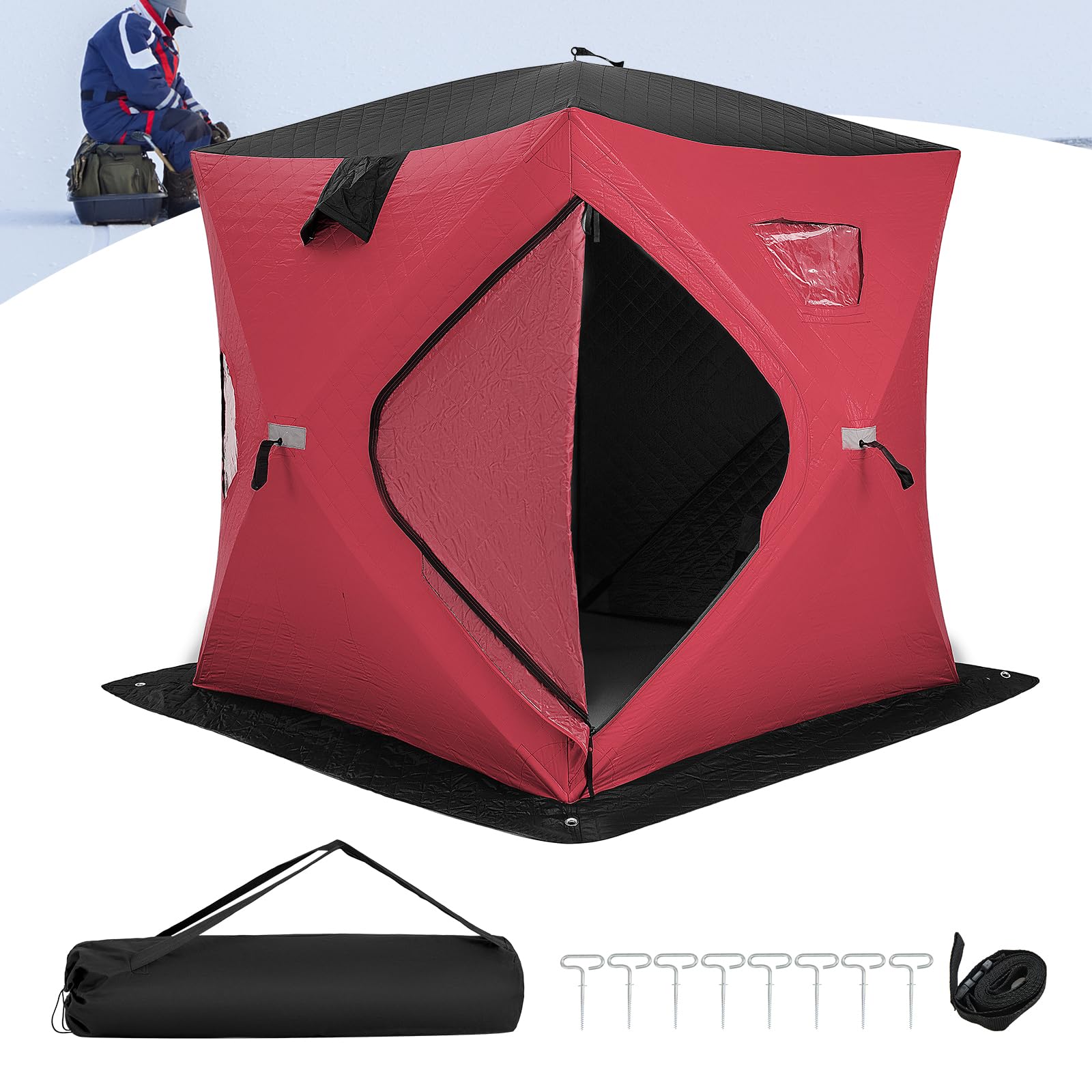 COSTWAY Tente de Pêche sur Glace Portable 2x2M, Abri de Pêche Isolé Pop-Up pour 2 Personnes avec Fenêtres Porte Zippée Aérations Sac de Transport, Cabane de Glace Imperméable d'hiver