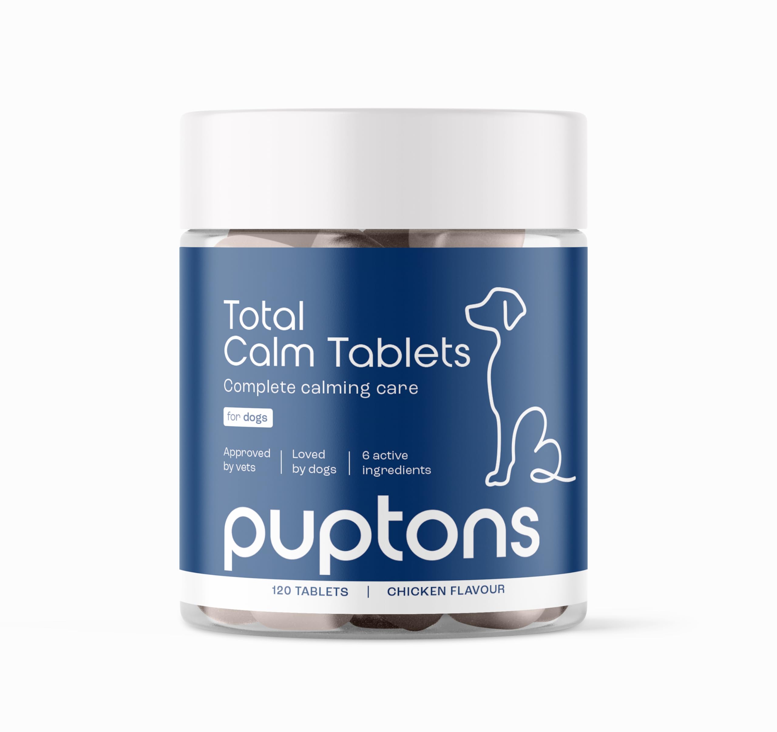 Puptons White Total Calming Supplement For Dogs | (120 Tablets) Dog Anxiety & Separation Relief | Reduces Stress, Chewing, Aggression & Barking | L-Taurine, L-Theanine & Ginger Extract
