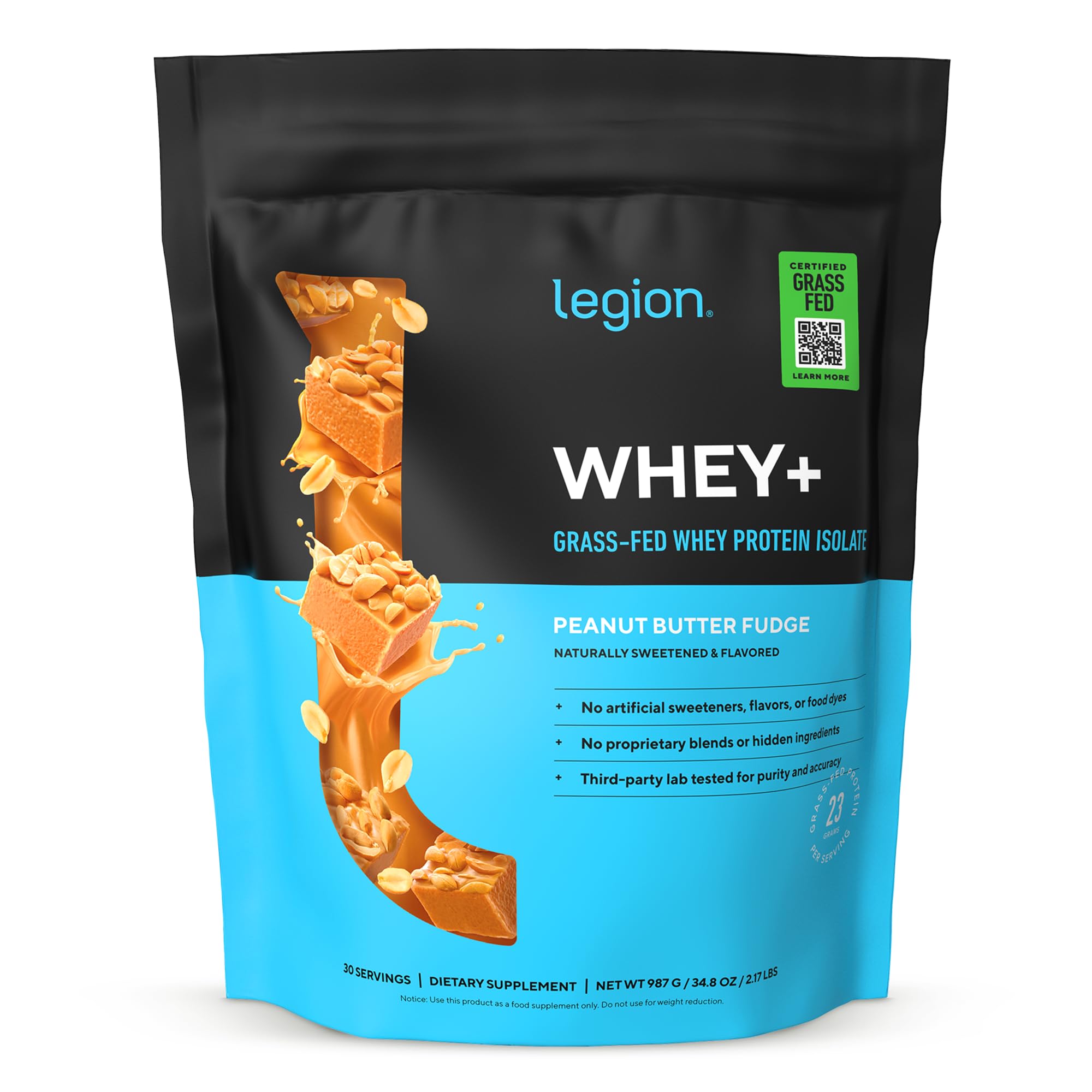 LEGION Whey+ Whey Isolate Protein Powder from Grass Fed Cows - Low Carb, Low Calorie, Non-GMO, Gluten Free, Sugar Free, All Natural Whey Protein Isolate, 30 Serving (Peanut Butter Fudge) Peanut Butter Fudge 30 Servings (Pack of 1)