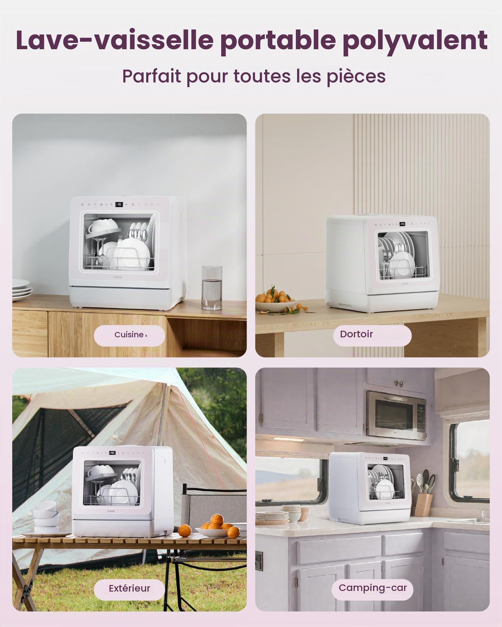 HAVA Lave-vaisselle de table avec adoucisseur d'eau et efficacité énergétique accrue, lave-vaisselle avec 8 programmes, sécurité enfant et démarrage retardé, aucune installation nécessaire, lilas doux