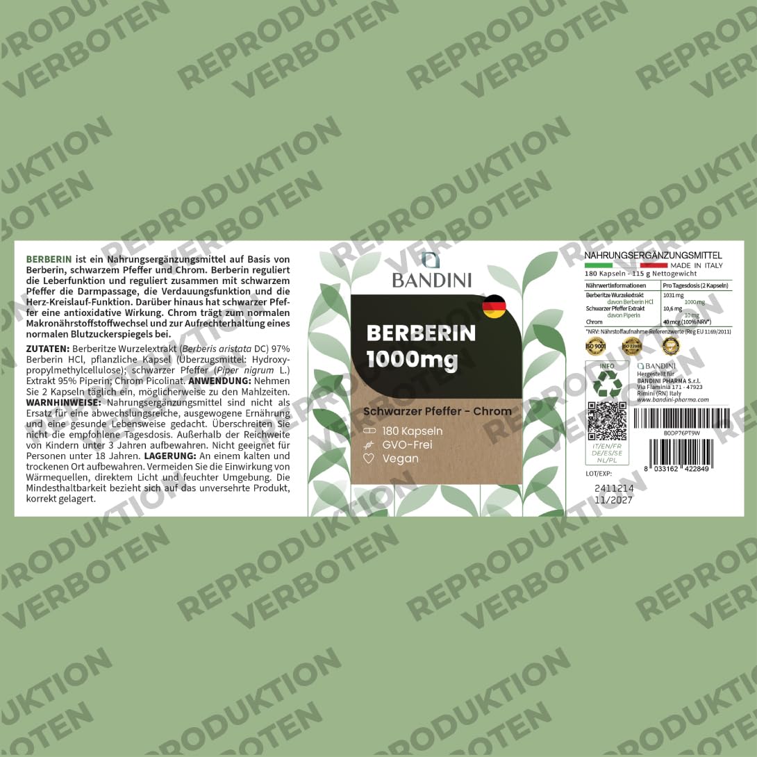Bandini® Berberin 1000mg rein hochdosiert | 180 vegane Kapseln | Reines Berberin HCl aus Berberis Aristata 97% + Chrom und Schwarzer Pfeffer | Maximale Absorption | Verdauung, Leber, Darmfunktion