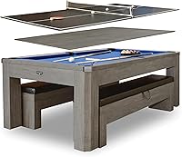 Hathaway Newport 7ft Pool Table Dining Combo with Ping Pong Top, Benches & Accessories - Rustic Gray 3-in-1 Billiards