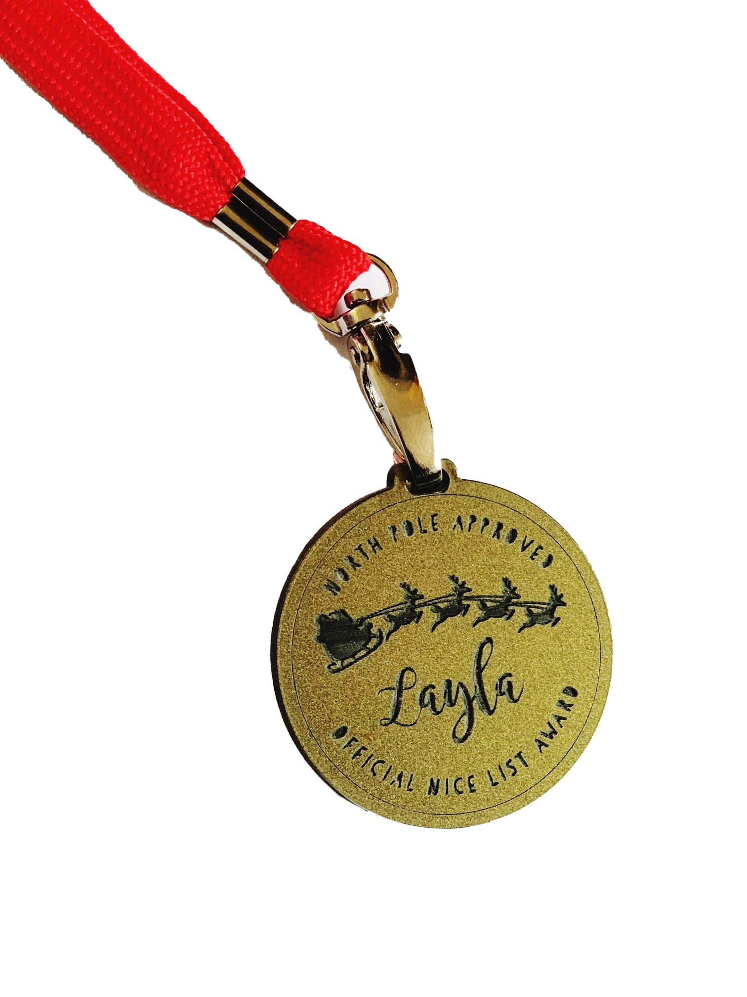 Personalised Nice List Medal - Sparkly Gold Acrylic Medal - North Pole Approved Award - Santa Gift - Nice List Gift - Ideal Christmas Gift for Kids – Handmade in the UK