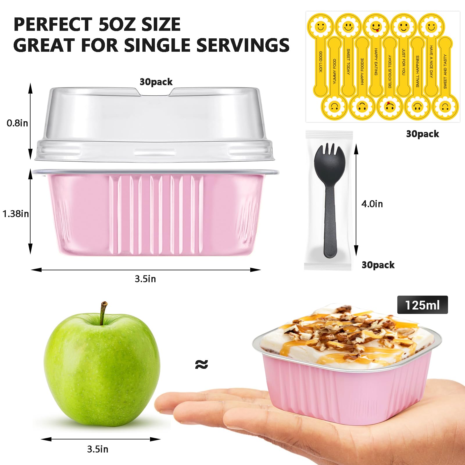 Viaoone 5oz Mini Cake Pans with Lids, 30 Pack 3.5x3.5 Inch Square Baking Cups, Disposable Aluminum Foil Cupcake Liners, Individual Muffin and Dessert Ramekins for Baking, Parties, and Events-Pink