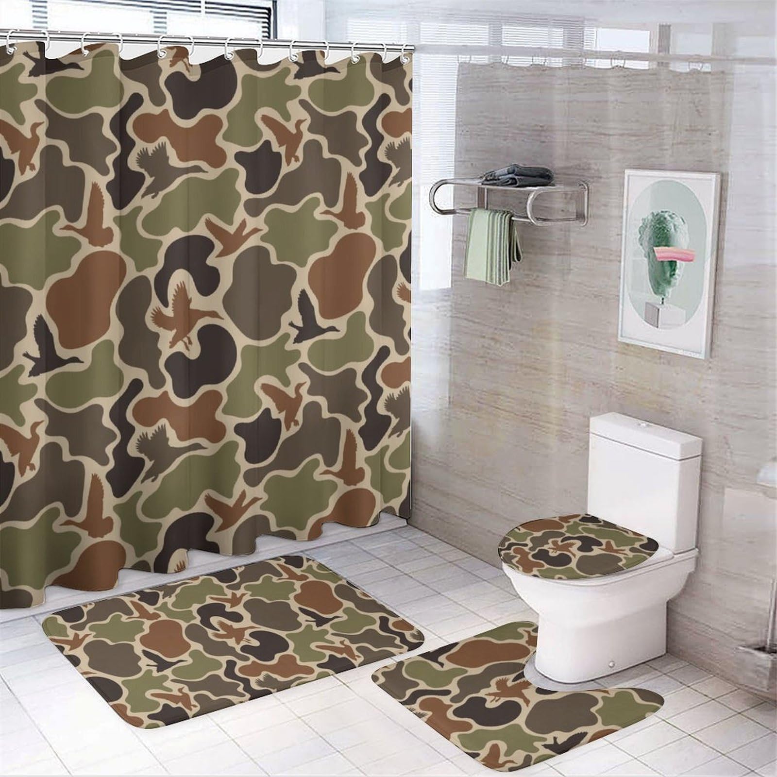 GemGam Camo Shower Curtain with Bathroom Sets and Rugs Duck Camouflage Hunting Decor 4PCS Shower Curtain Sets with Non-Slip Rug Toilet Lid Cover U-Shaped Mat with Hooks 72