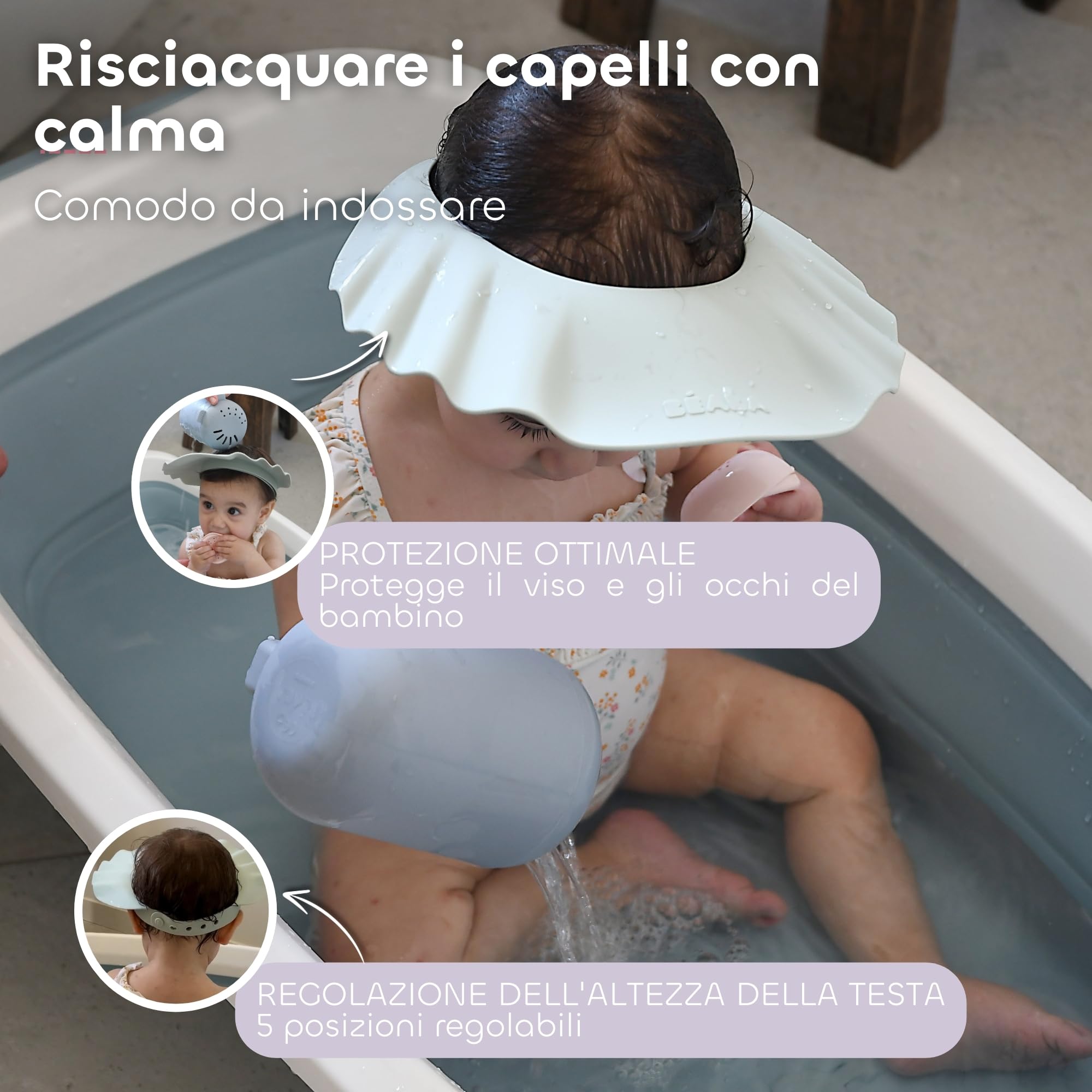BÉABA, Cappello da Doccia per Bambini, Cuffia da Bagno, Fascia Regolabile, 5 Posizioni, Protezione per Occhi e Orecchie, Silicone Morbido e Flessibile, Grigio Verde
