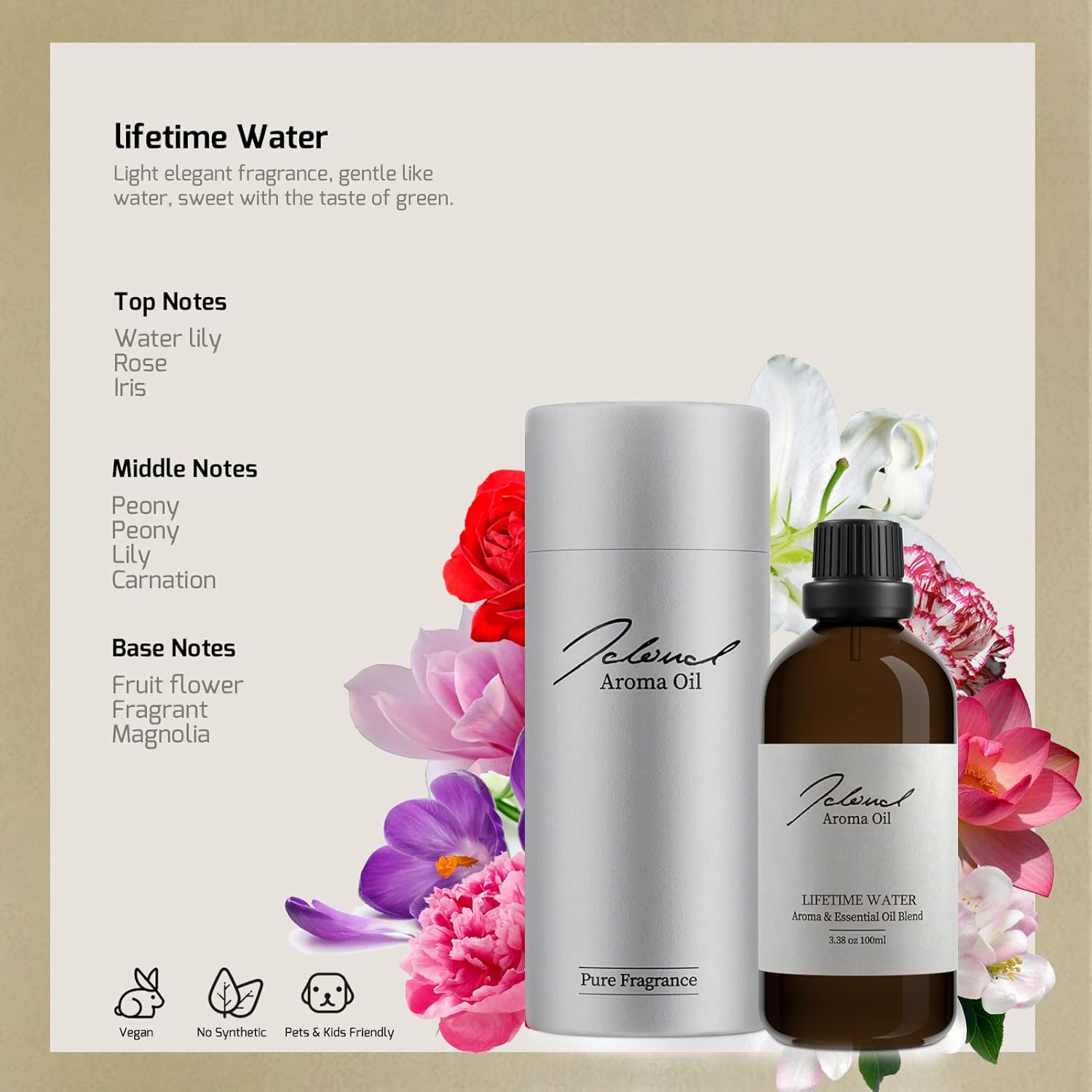 JCLOUD Aroma Oil bottle with details on its natural and safe properties