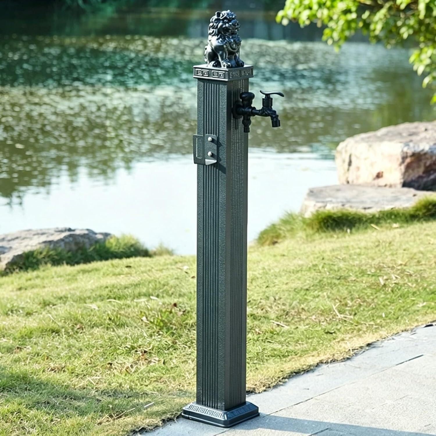 Kanduo Grey Aluminum Alloy Vertical Square Garden Water Column，Embossed Design Freestanding Tap With Hook(,110Cm/43In)