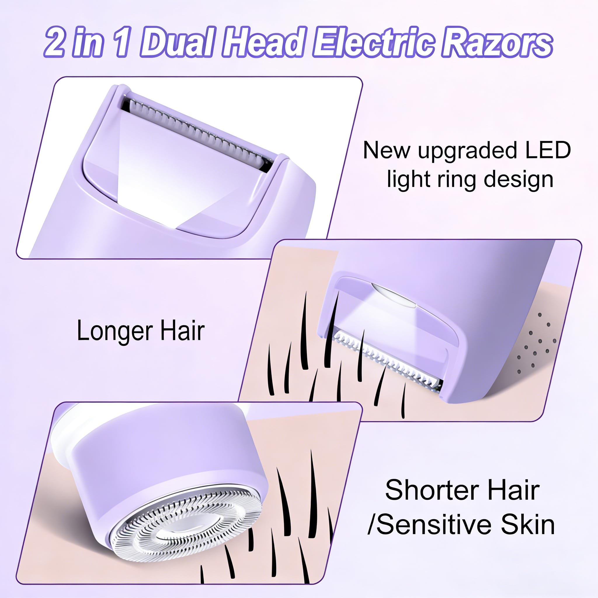 Recortadora de bikini para mujer, 2 en 1, recargable, con luz LED, removedor de vello facial para mujer, IPX7, impermeable, para mujeres en húmedo y seco (morado)