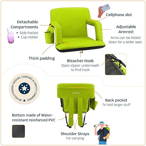 Miniatura 5 de Alpcour Asiento reclinable para estadio, silla ancha con respaldo y cojín, reposabrazos, bolsillos laterales y gancho para gradas, las mejores
