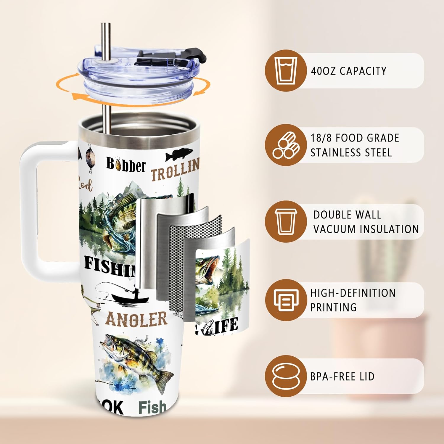 DUUV Fishing Gifts for Men, Fish Tumbler for Fisherman, Birthday Gifts for Men Dad Boys Who Love Fishing, Fisherman Gift for Christmas Thanksgiving, 40 Oz Tumbler with Handle, 1PCS - Image 4