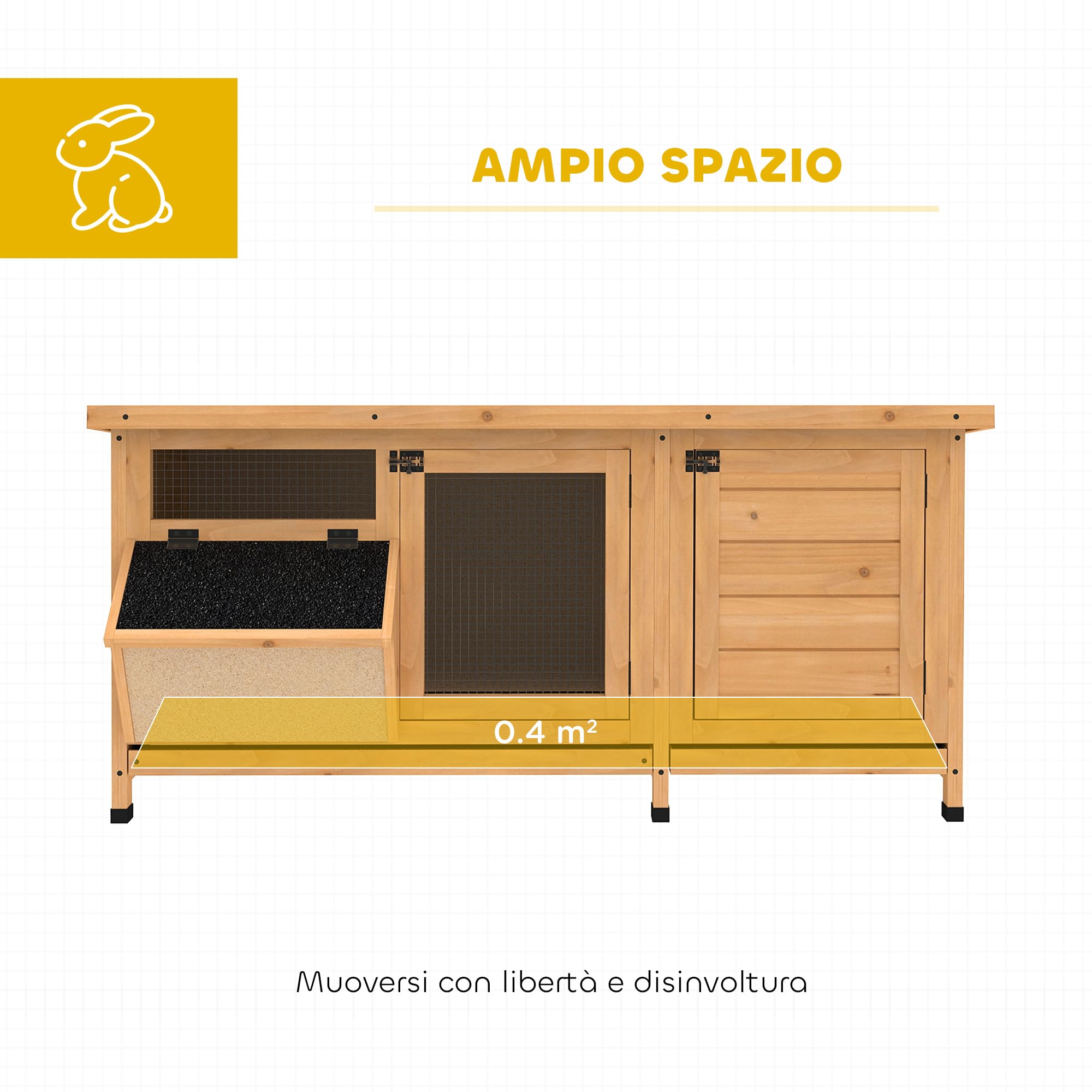PawHut Conigliera in Legno da Esterno con Tetto in Asfalto, Gabbia per Conigli con Casetta e Porte con Chiavistello, Vassoi Estraibili e Mangiatoia, 112x50x54 cm, Giallo