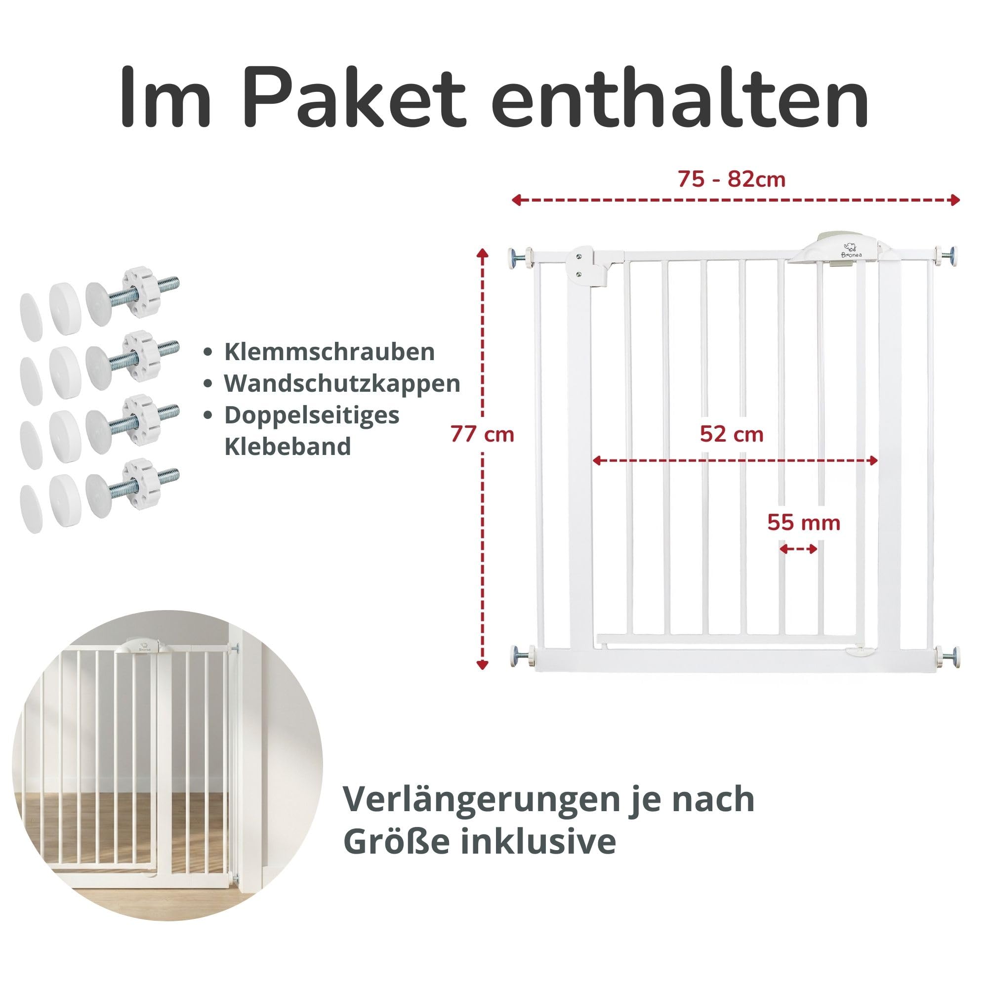 Cleo Treppenschutzgitter ohne Bohren | Kinderschutzgitter Tür & Treppe 89-96 cm | Auto-Close | 3-Schritt-Sicherung | beidseitig öffnend | verlängerbar bis 165 cm