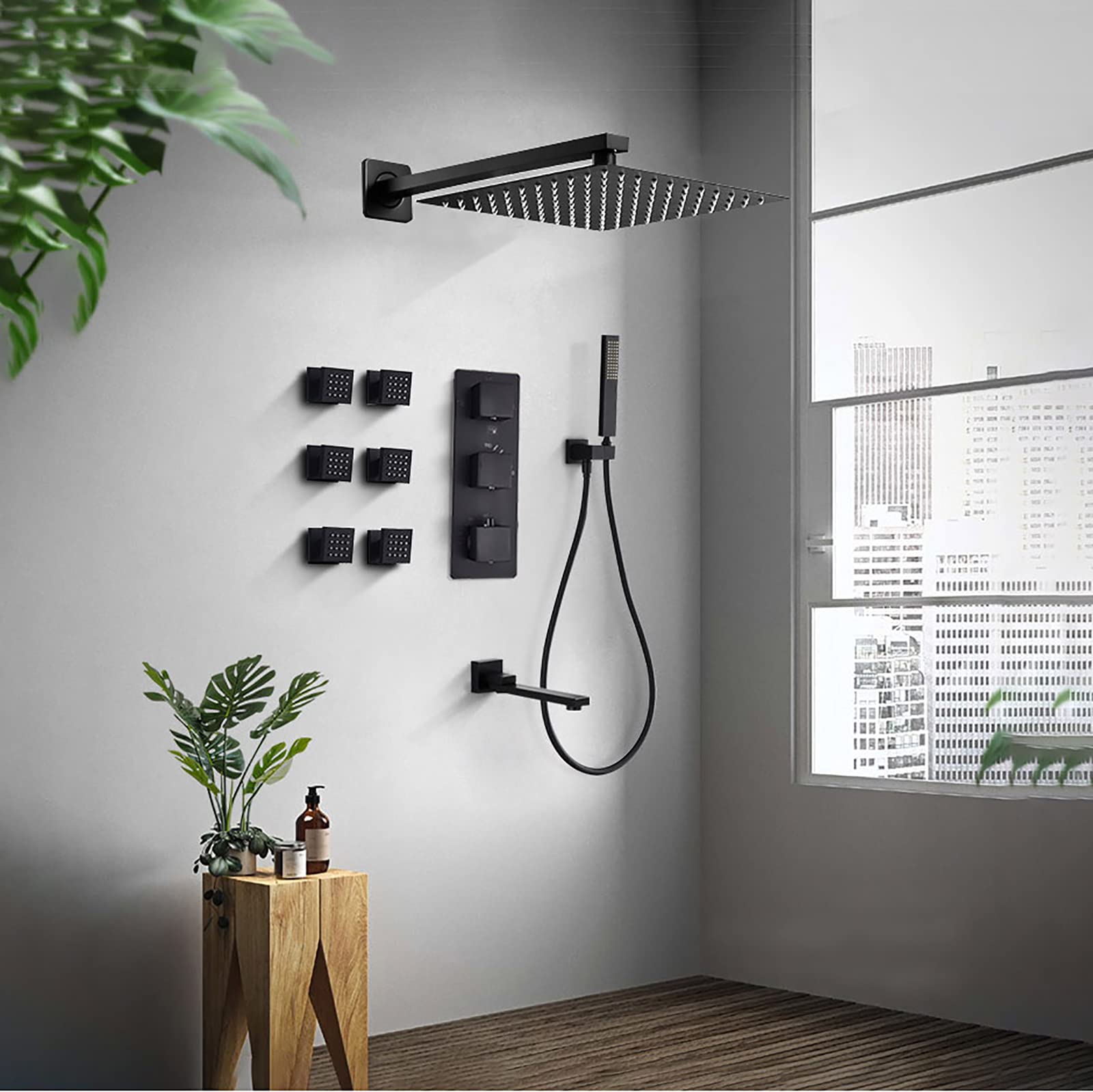 Rain Shower Set Rubinetto Doccia Termostatico Nero con Bocca Girevole per Vasca, 6 Getti per Il Corpo, Set Doccia Combinato A Parete, Miscelatore Doccia A Pioggia in Ott,8 inch