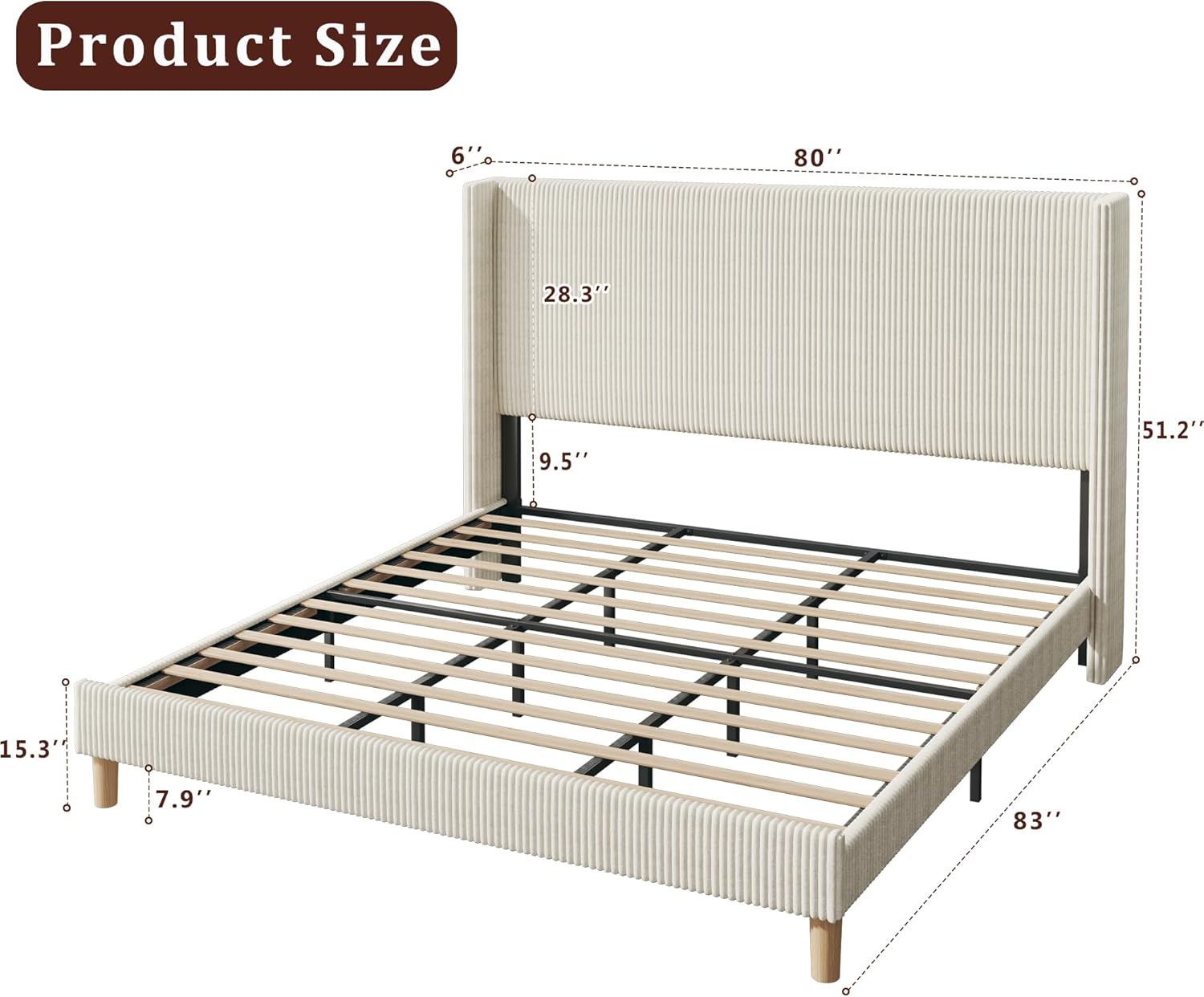 HUAHUU King Size Bed Frame with 51.2" Tall Headboard, Corduroy Upholstered Bed Frame with Wingback, Platform Bed with Wooden Slats Support, Easy Assembly, No Box Spring Needed, Beige