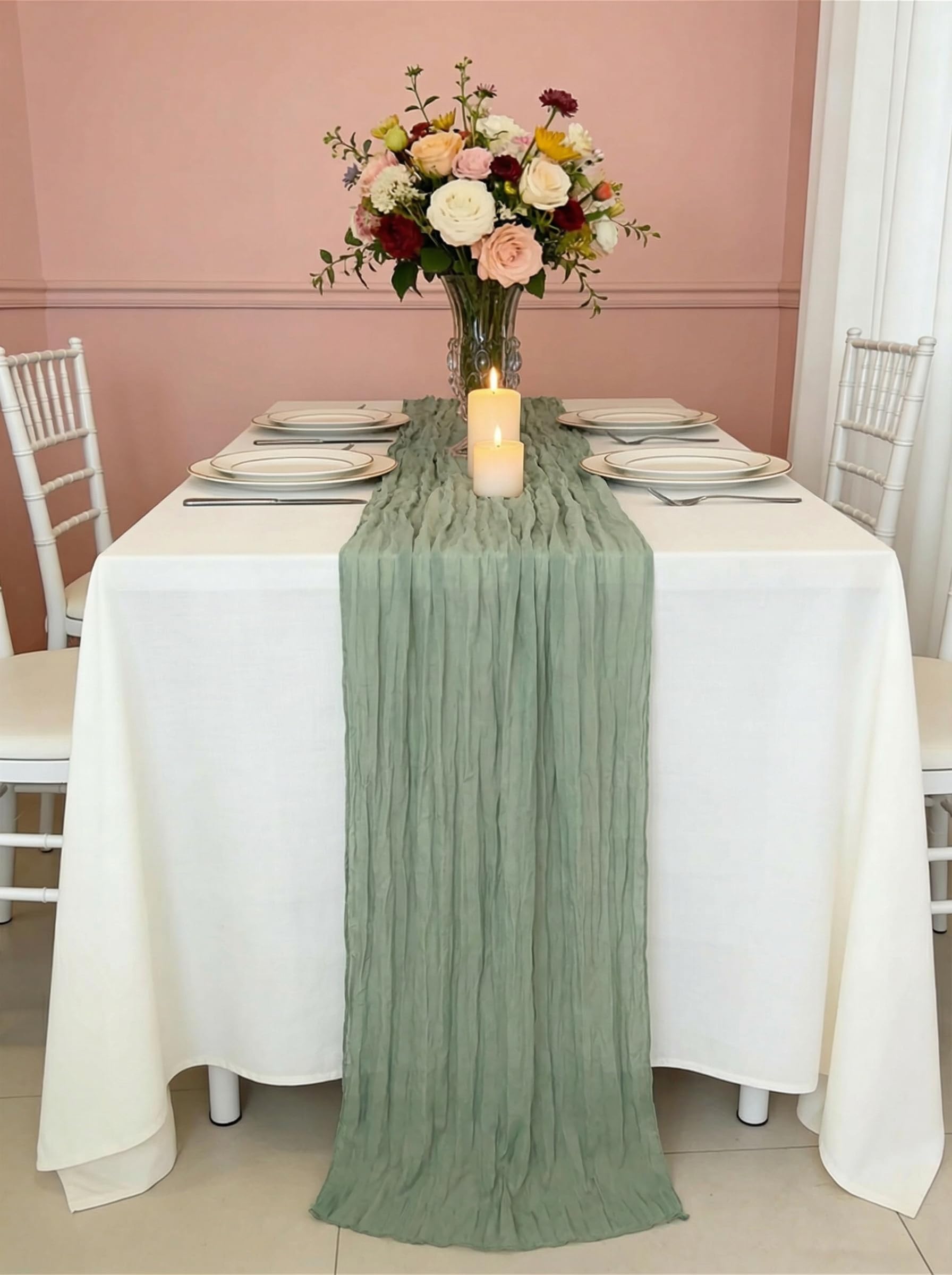 Photo 1 of 10 Pack Sage Green Cheesecloth Table Runner 17×120 Inch Gauze 10 FT Long Cheese Cloth Table Runners for Bridal Wedding Party Baby Shower Holiday Birthday Home Easter Decor