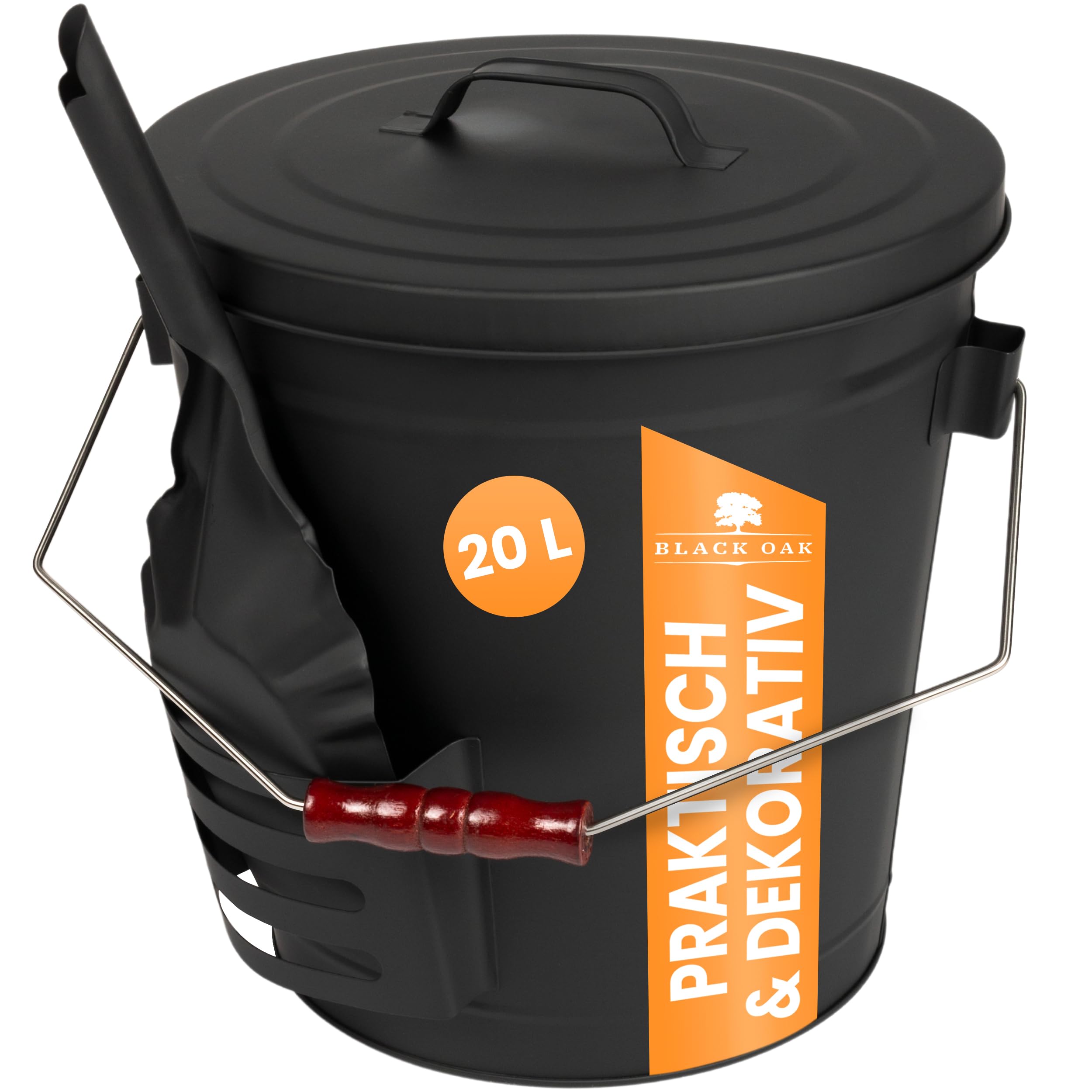 BLACK OAK Ascheeimer Stromboli 20L – schwarz mit Deckel & Schaufel - Bügel Silber - groß 20 Liter Stahl feuerfest verzinkt & pulverbeschichtet Asche & Kohle Eimer Zubehör Kamin Kachelofen Holzofen