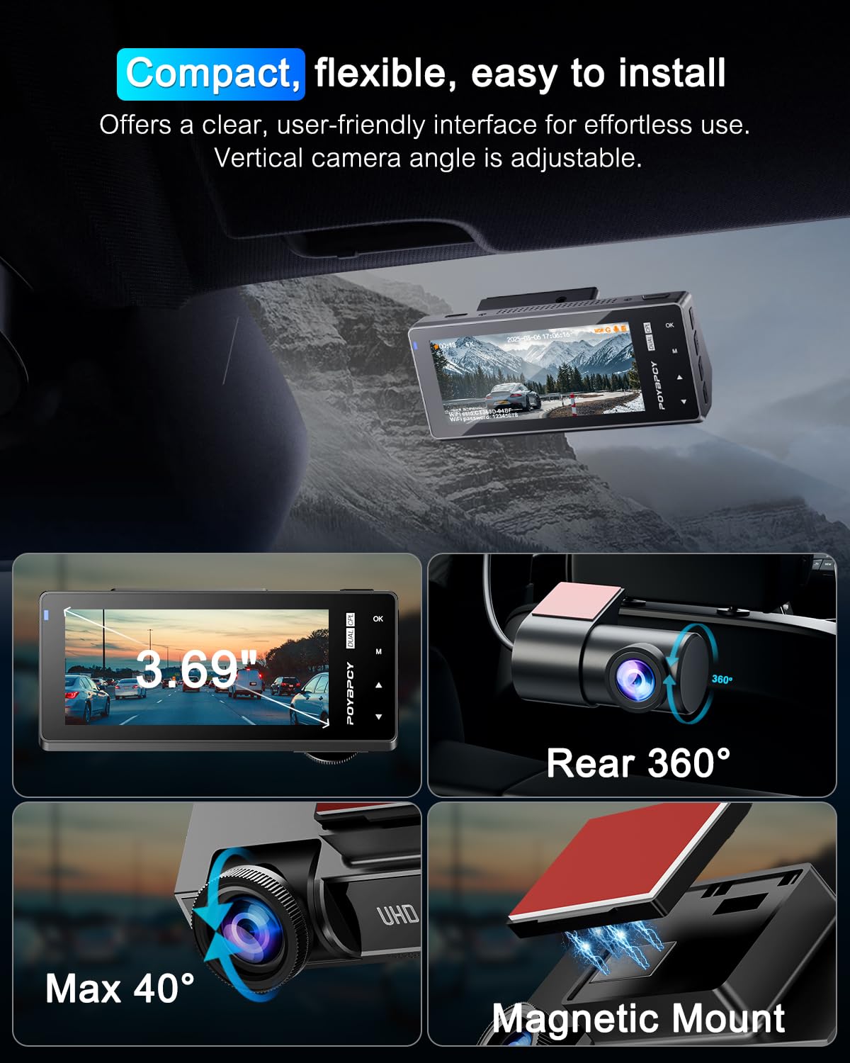 Dash Cam Auto 4K+1080P con Filtro CPL,Doppia WiFi Telecamera Auto Scheda da 64 GB, Dashcam Display IPS da 3.69",Visione Notturna+WDR,G-Sensor,Registrazione in loop,24H Monitor di Parcheggio