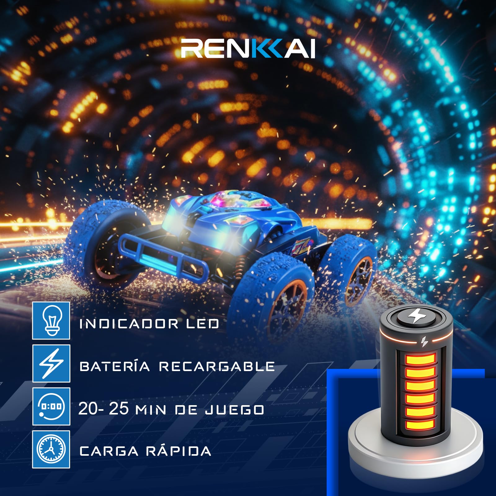 RENKKAI Coche Teledirigido Niños 3 4 5 6 7 8 Años | Coche teledirigido niños 4 años | Juguete Niño Regalo 3 4 5 6 7 8 9 12 Años | 2.4Ghz con Luces | Coches para Niños | ACROBÁTICO 360° — view 4