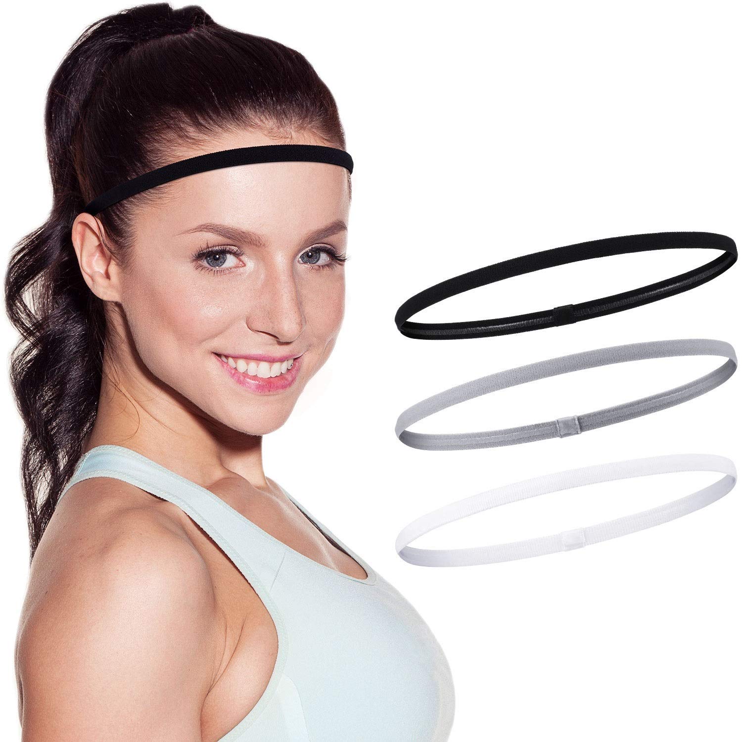 DELFINO 6 Pieces Thin Non-slip Elastic Sport Headbands Mini Headbands for Men Women Slim Basketball Yoga Head Bands for Soccer, Workout, Running, Exercise, Volleyball, Black, White and Gray