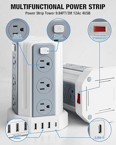 Miniatura 6 de Regleta de alimentación con protector contra sobretensiones, cable de extensión de 10 pies con 12 tomacorrientes múltiples de CA, 4 USB (1 USB C),