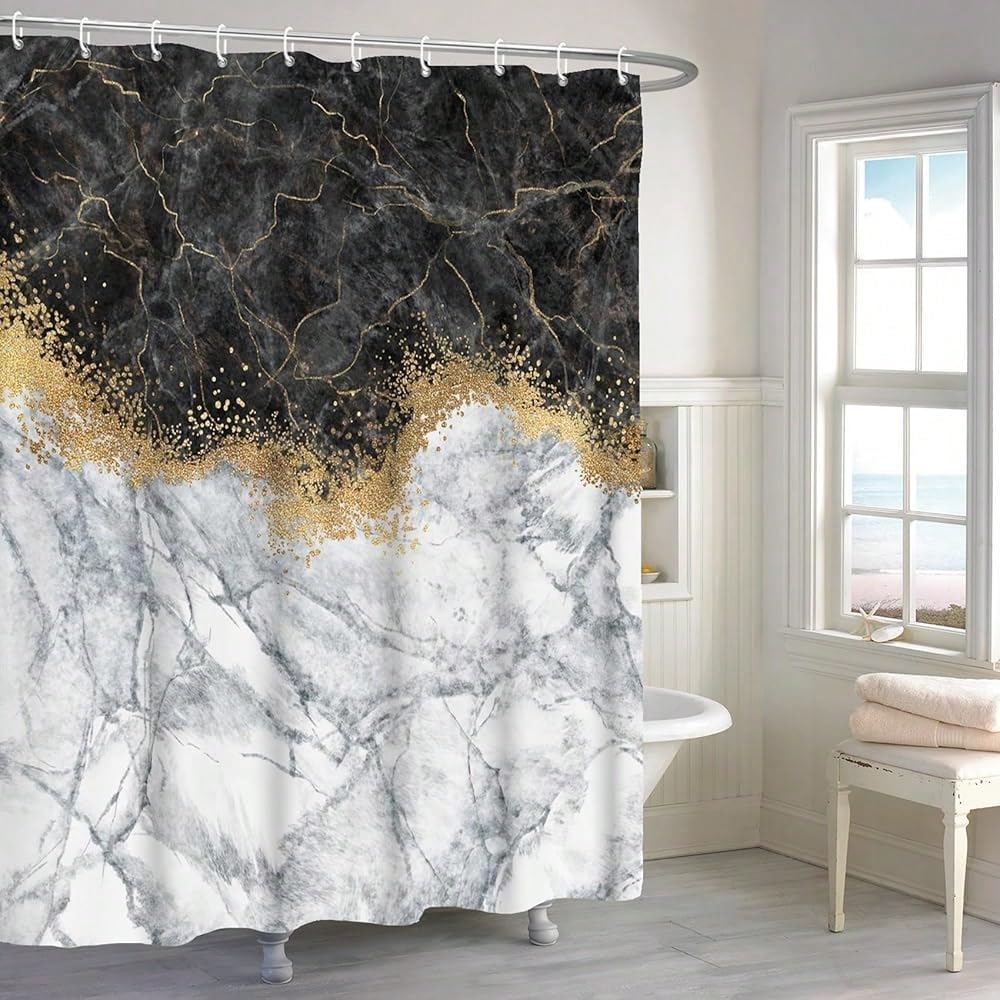 GLKSDLPO Black Gold Marble Shower Curtain Abstract Glitter Granite Texture Modern Luxury Ink Art Shower Curtains For Bathroom(260x200cm/102x79in(WxH)
